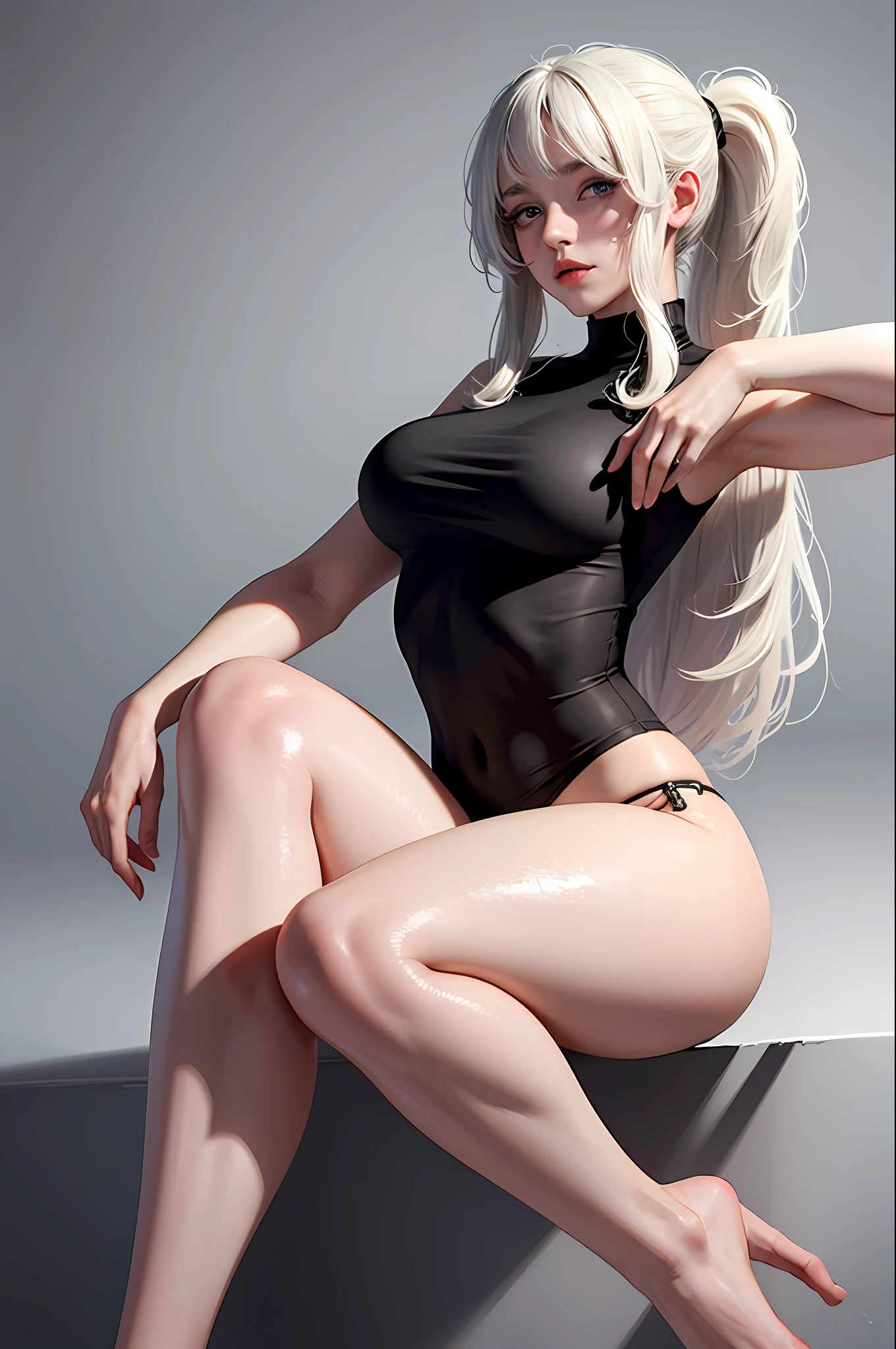 (hyperrealistic), (illustration), (high resolution), (8K), (extremely detailed), (best illustration), (beautiful detailed eyes), (best quality), (ultra-detailed), (masterpiece), (wallpaper), (detailed face), solo 1 girl, white wavy hair, korean, heterochromic eyes, small moles under the eyes, loose white shirt, yoga pants, , long legs, tight abs, camel toes,pose