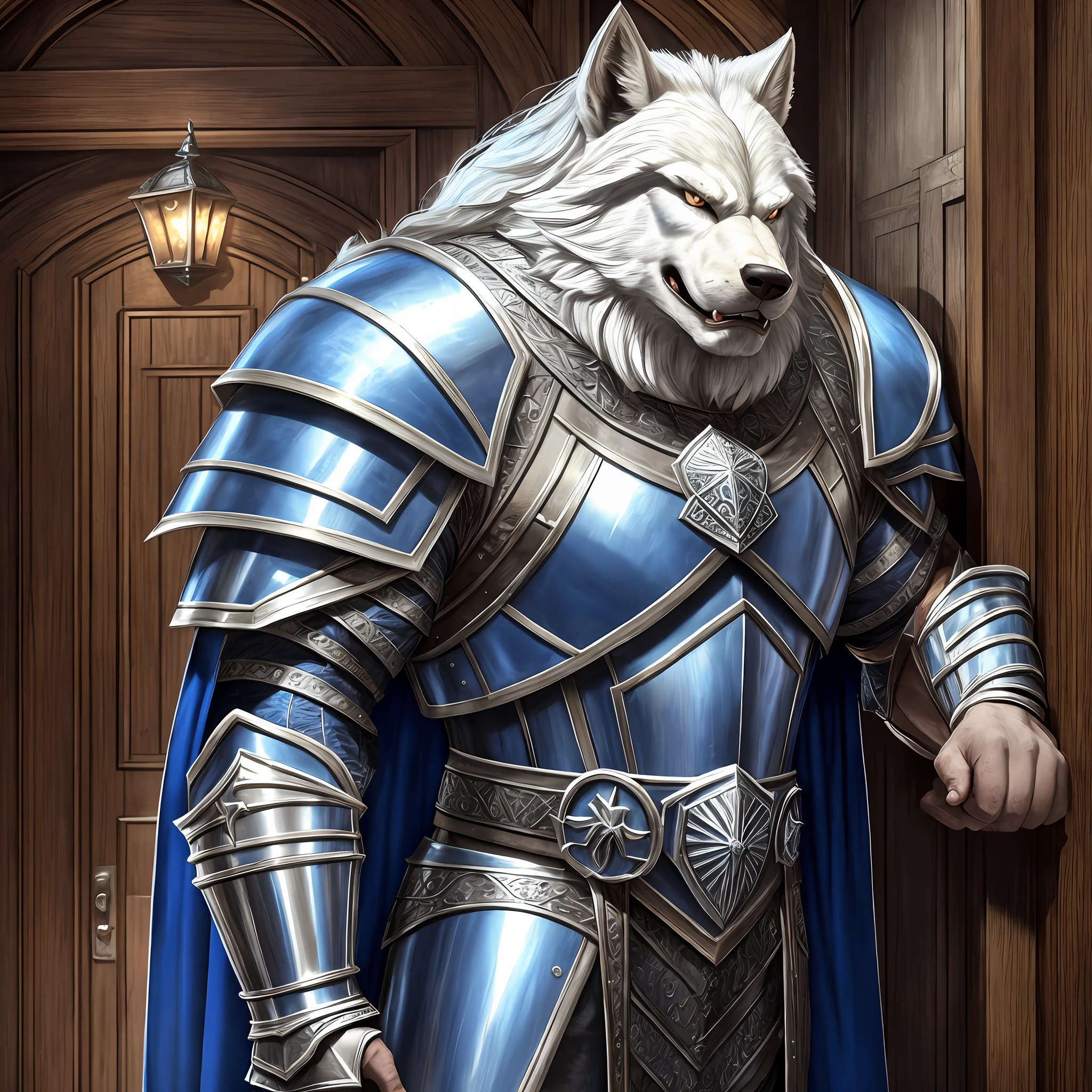 Young giant man wide muscle white werewolf, wearing a medieval Armor, large shoulder pads, silver breastplate and a furry Blue cape, angry at the entrance door of a tavern, Realistic, Full HD, best quality
