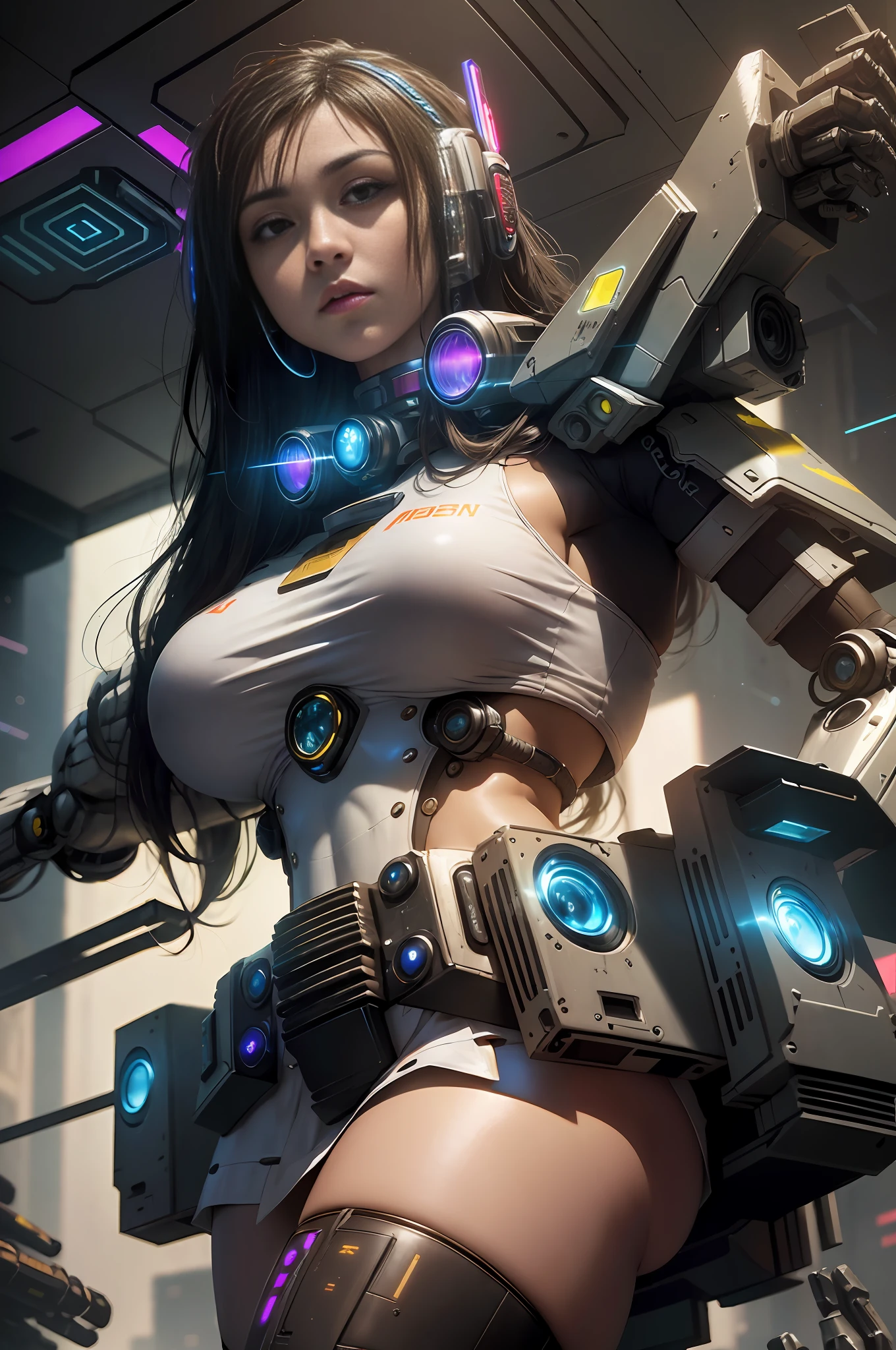((Best quality)), ((masterpiece)), (highly detailed:1.3), 3D, beautiful, (cyberpunk:1.6), in space, nebulous, laser, (1Female mecha:1.8), sexy body, facing the audience, bright eyes full breasts, full body, big ass, neon tattoo, (flying, descending, dynamic, motion blur: 1.4), (huge wings of locks: 1.9), looking up, glowing_eyes, mecha, panorama, background is earth, nebula, space, particles, Reality, HDR (High Dynamic Range), Ray Tracing, NVIDIA RTX, Super Resolution, Unreal 5, Subsurface Scattering, PBR Textures, Post-Processing, Anisotropic Filtering, Depth of Field, Maximum Clarity and Clarity, Multilayer Textures, Albedo and Specular Maps, Surface Shading, Accurate Simulation of Light-Material Interaction, Perfect Proportions, Octane Render, Two-Tone Lighting, Large Aperture, Low ISO, white balance, rule of thirds, 8K RAW, efficient sub-pixel, sub-pixel volume product, (best quality), (Japanese: 0.9), (Korean: 0.8), (Liu Yi Fei: 1.8) long hair, (large chest: 1.5), (underboob: 1.6), (white transparent lace mini skirt: 1.7)