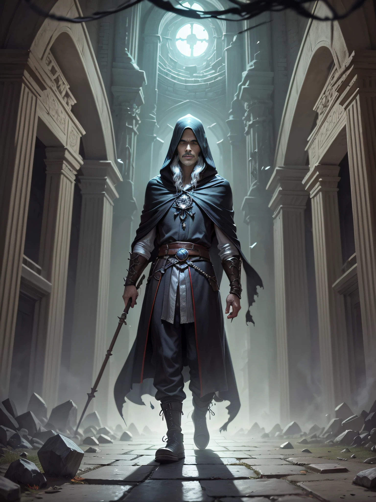 You're walking down the dark hallway, lit only by a few flickering candles. You hear the sound of footsteps dragging on the stone floor, and when you turn to look, you see a sinister wizard in a black cloak and hood, with bright red eyes and a mischievous smile on his face.

He stands before an ancient portal, which seems to lead to a dark and unknown realm. The wizard holds a black staff with strange runes carved into the wood, and you can feel the magical power emanating from it.

The surrounding ancient castle is in ruins, with crumbling walls and cobwebs hanging everywhere. You can feel the presence of other sinister creatures lurking in the shadows, waiting to attack at any moment.

The wizard smiles at you, inviting you to enter the portal and explore the secrets of the dark realm beyond. But you know it's best not to take any chances, as the wizard's dark magic can be very dangerous and deadly.

You slowly pull back, feeling your heart race and cold sweat drip down your forehead. The image of the sinister wizard and the ancient castle remains etched in his mind, leaving a sense of fear and fascination. --auto --s2