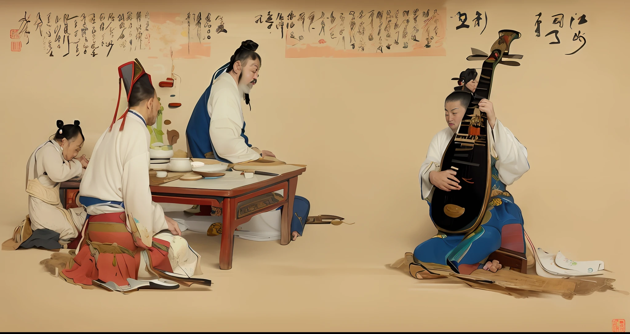 arafed painting of a man playing a musical instrument and another man sitting at a table, traditional chinese painting, traditional chinese art, inspired by Gu Kaizhi, by Gu Kaizhi, by Li Di, by Qu Leilei, chinese painting style, traditional chinese, inspired by Tang Yin, by Xu Xi, by Wang Hui, chinese style painting