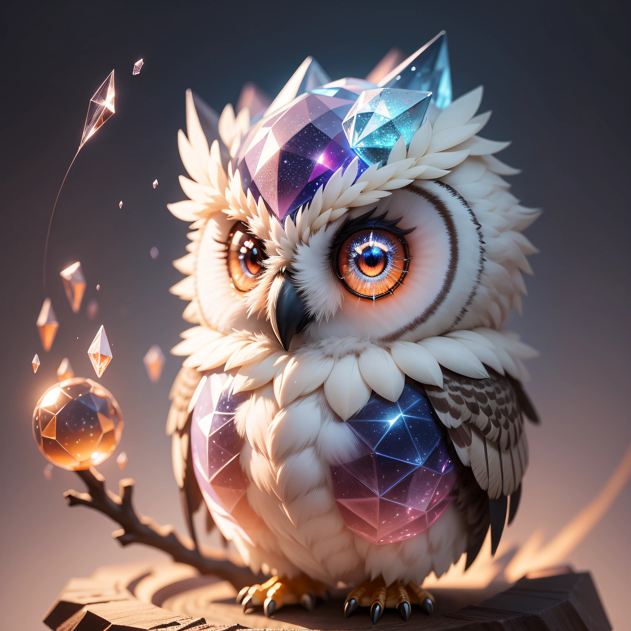 A cute adorable owl made of crystal ball with low poly eye's surrounded by glowing aura, flamming sparkles highly detailed intricated concept art trending artstation 8k
