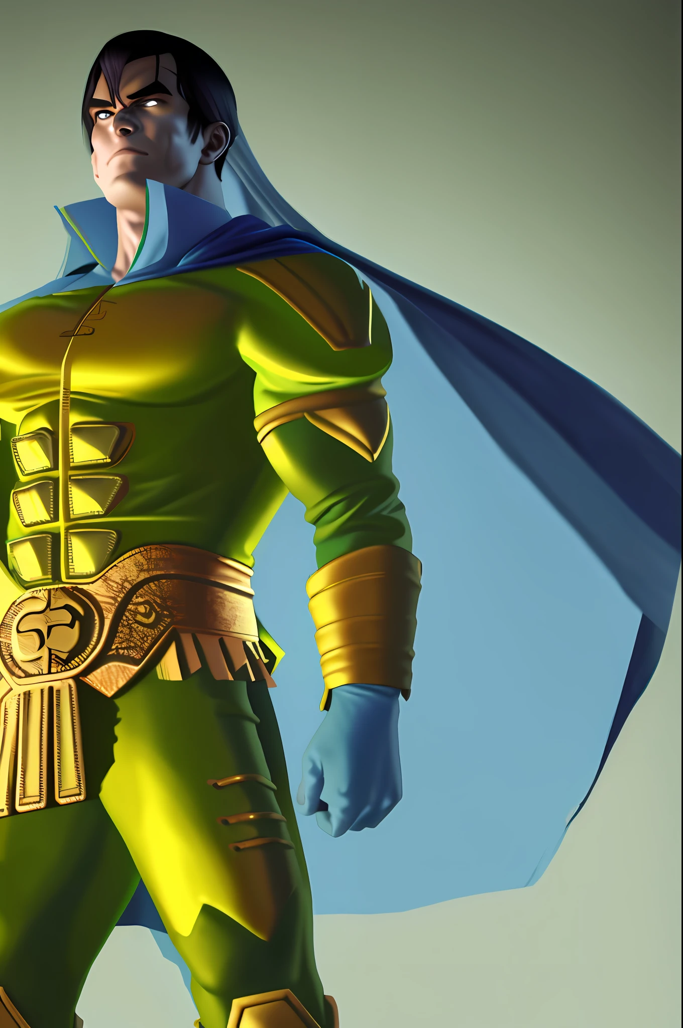 Former president of the Republic of Brazil Jair Bolsonaro dressed as a superman, in green and yellow, blue and white cape, blue boots, and remaining costumes of green and yellow, blue and arm.