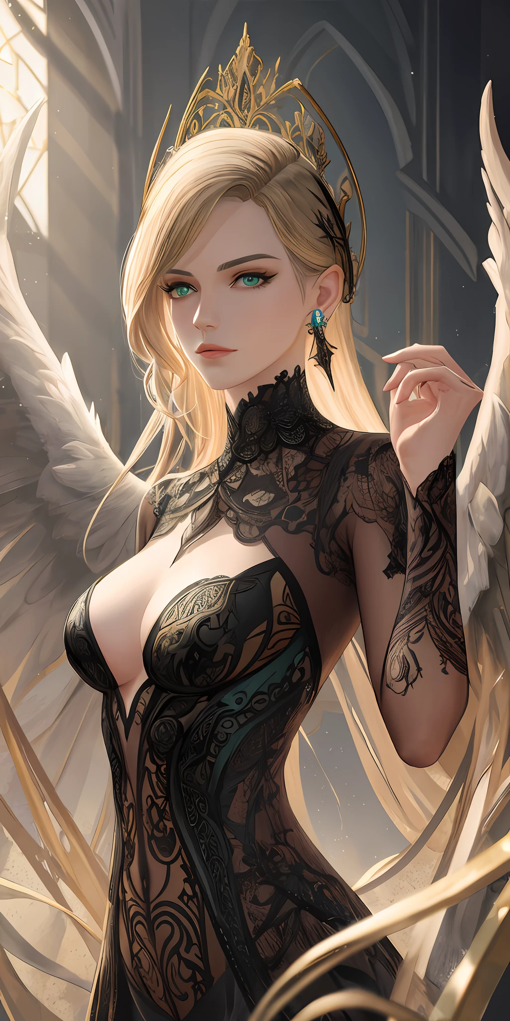 Immerse yourself in elegance and sophistication, androgen angel, Satan the fallen angel, with captivating sparkling green eyes. Use 3D techniques and Octane rendering in 8K resolution to create a hyper-realistic portrait of your detailed face. The intricate sharp details and smooth rendering style, combined with the studio's cinematic lighting, will make this work of art a true masterpiece. Be prepared to take a leap forward in ArtStation as it becomes a trendsetter in the digital art community.