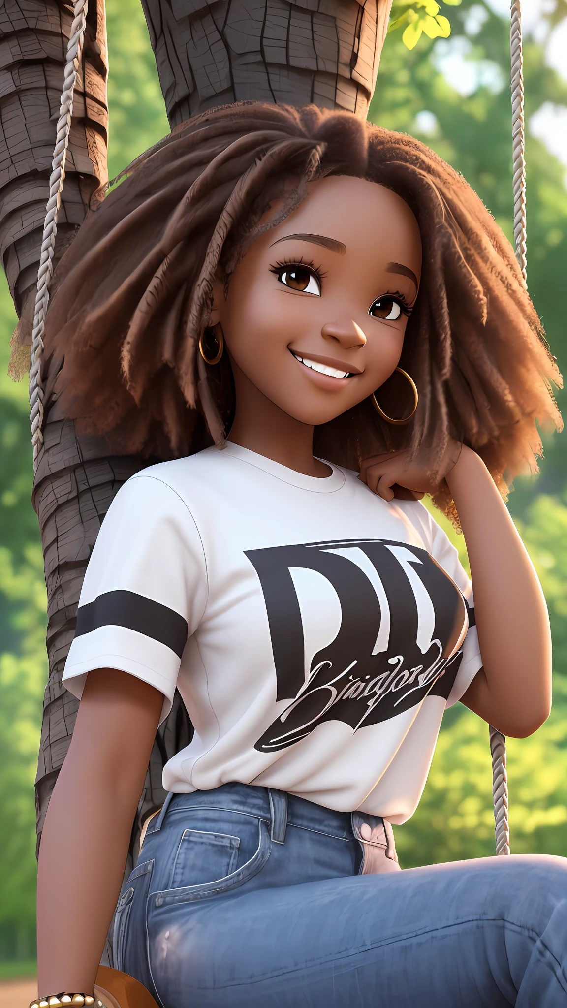 3D rendering of a 1 year old girl ((uma mulher e um homem)), (crisp, perfect facial features), asymmetrical face, kind eye, (dark brown skin tone), cute, afro-alpine, cute smile, ((sitting on a swing in the park )), ((chibi) ) wearing t-shirt and jeans, current fashion, long hair with princess accessories, ((from under a tree)), park background, sunset, close-up, product view, detailed detail, pixar style, (((model face))), trend art, sharp detail, cgsociety, very high quality digital art, exquisite hyper detail, 4k, 8k soft lighting, dreamy, fashion, unreal engine rendering --auto --s2