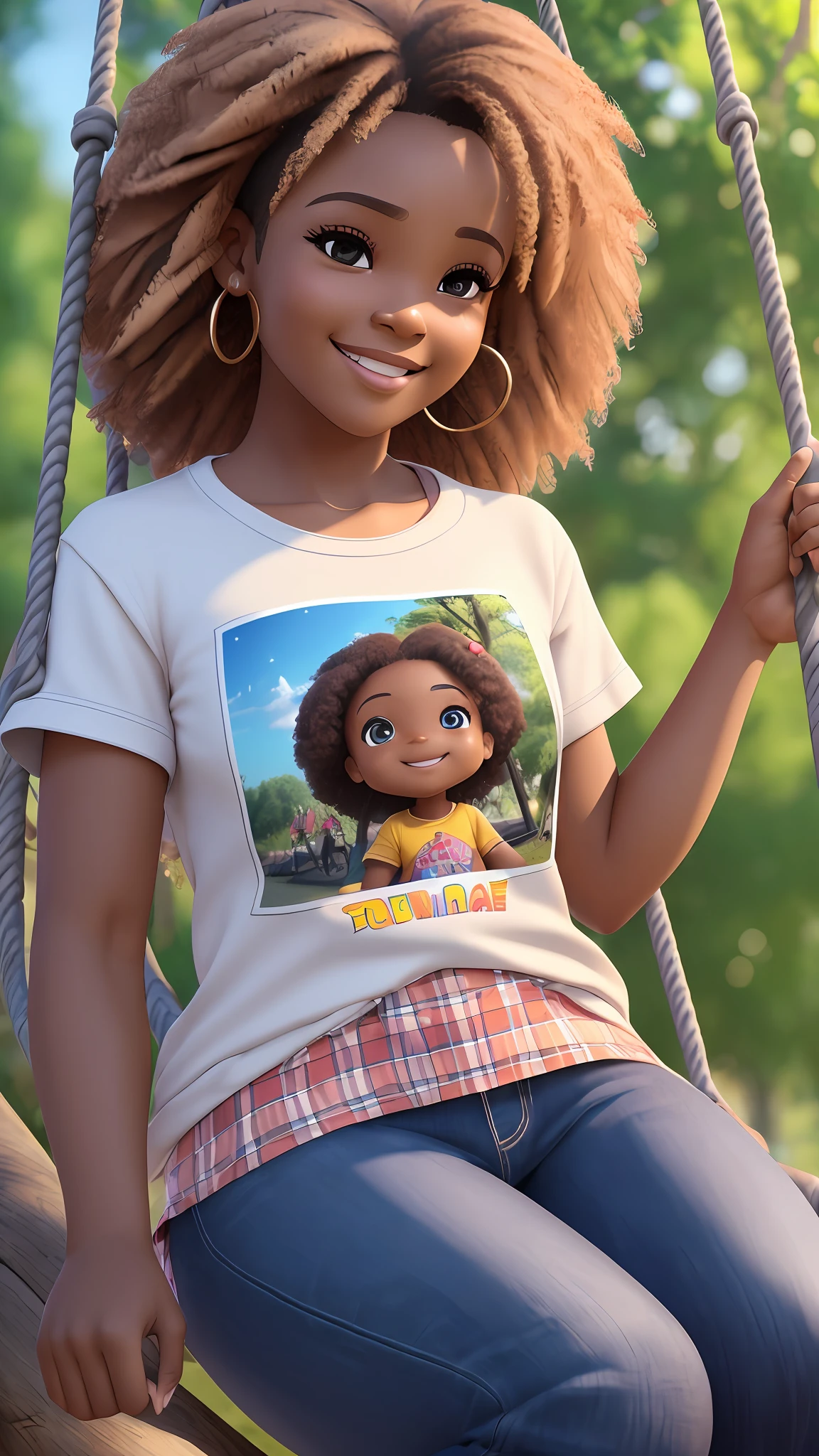 3D rendering of a 1 year old girl ((uma mulher e um homem)), (crisp, perfect facial features), asymmetrical face, kind eye, (dark brown skin tone), cute, afro-alpine, cute smile, ((sitting on a swing in the park )), ((chibi) ) wearing t-shirt and jeans, current fashion, long hair with princess accessories, ((from under a tree)), park background, sunset, close-up, product view, detailed detail, pixar style, (((model face))), trend art, sharp detail, cgsociety, very high quality digital art, exquisite hyper detail, 4k, 8k soft lighting, dreamy, fashion, unreal engine rendering --auto --s2