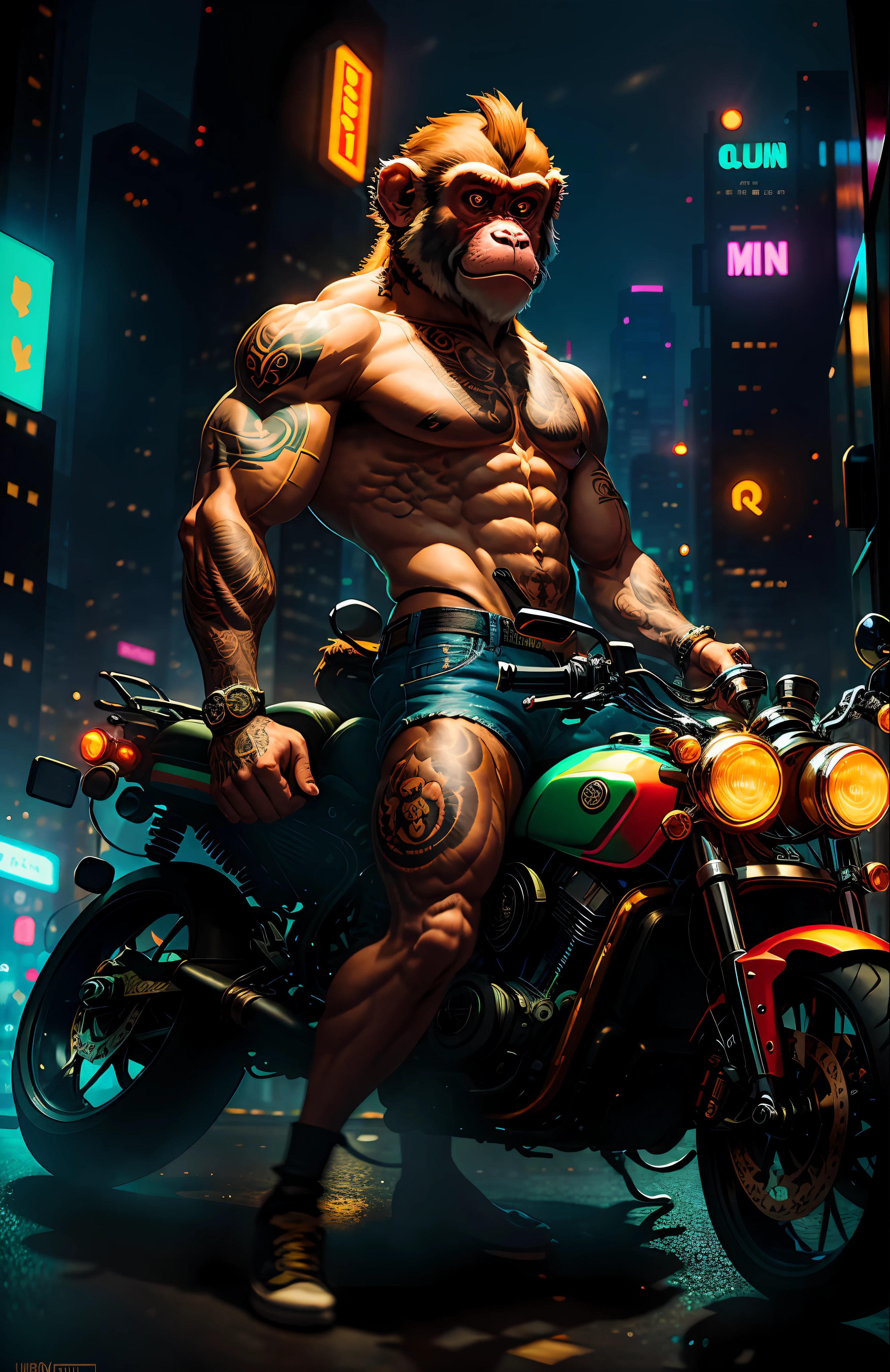 ((best quality)),((ultradetailed)), ((masterpiece)), illustration,
Scene structure: Animal-personified monkey as a gangster, with a monkey face and human body. He has a muscular build and tattoos on his body. He rides a motorcycle in the city, with tall buildings behind him and neon lights flashing.
Prompt composition: Monkey-gangster, animal-personification, motorcycle-riding, tattooed-body, muscular-build, city-scape, tall-buildings, neon-lights