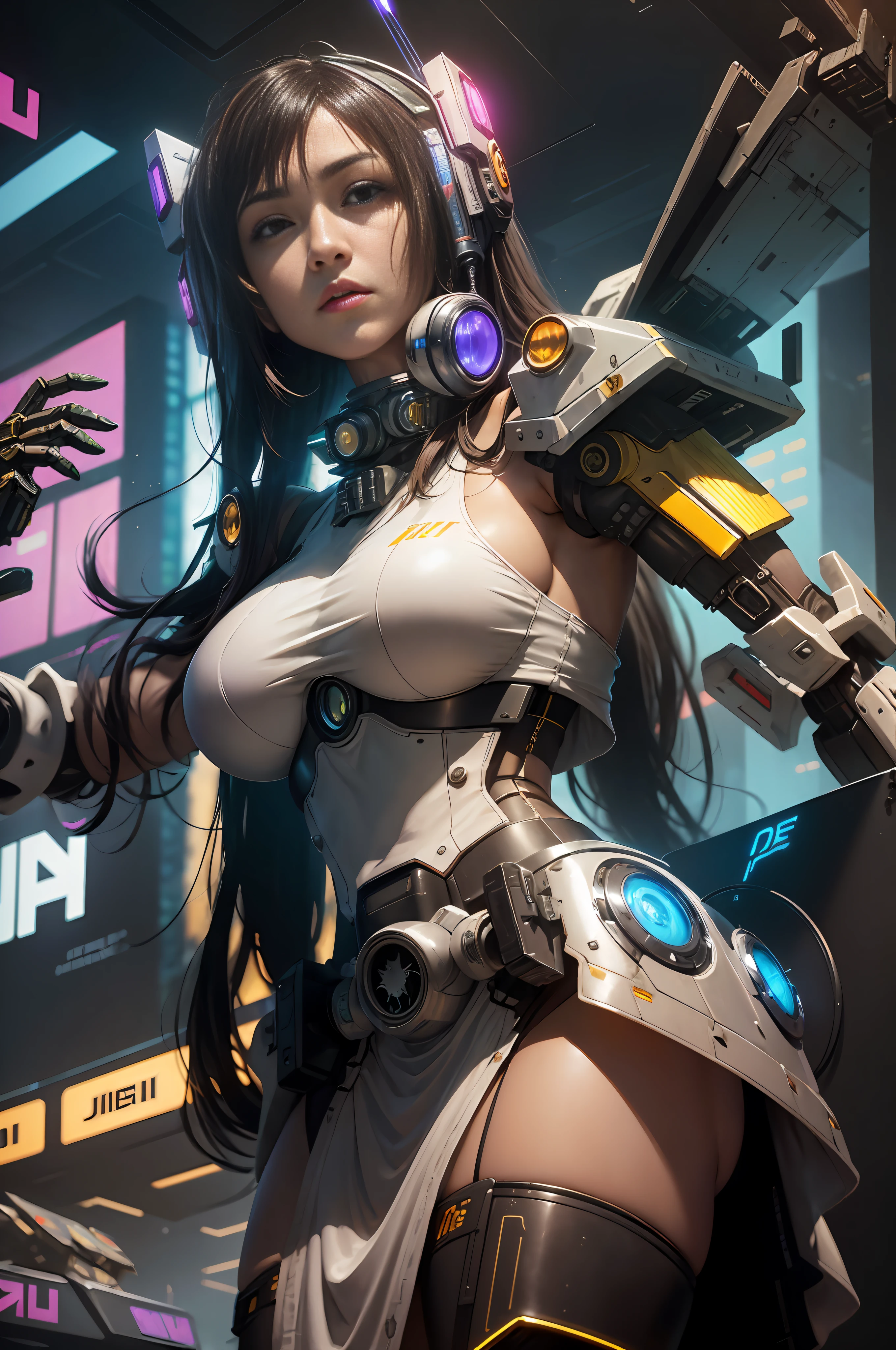 ((Best quality)), ((masterpiece)), (highly detailed:1.3), 3D, beautiful, (cyberpunk:1.6), in space, nebulous, laser, (1Female mecha:1.8), sexy body, facing the audience, bright eyes full breasts, full body, big ass, neon tattoo, (flying, descending, dynamic, motion blur: 1.4), (huge wings of locks: 1.9), looking up, glowing_eyes, mecha, panorama, background is earth, nebula, space, particles, Reality, HDR (High Dynamic Range), Ray Tracing, NVIDIA RTX, Super Resolution, Unreal 5, Subsurface Scattering, PBR Textures, Post-Processing, Anisotropic Filtering, Depth of Field, Maximum Clarity and Clarity, Multilayer Textures, Albedo and Specular Maps, Surface Shading, Accurate Simulation of Light-Material Interaction, Perfect Proportions, Octane Render, Two-Tone Lighting, Large Aperture, Low ISO, white balance, rule of thirds, 8K RAW, efficient sub-pixel, sub-pixel volume product, (best quality), (Japanese: 0.9), (Korean: 0.8), (Liu Yi Fei: 1.8) long hair, (large chest: 1.5), (underboob: 1.6), (white transparent lace mini skirt: 1.7)