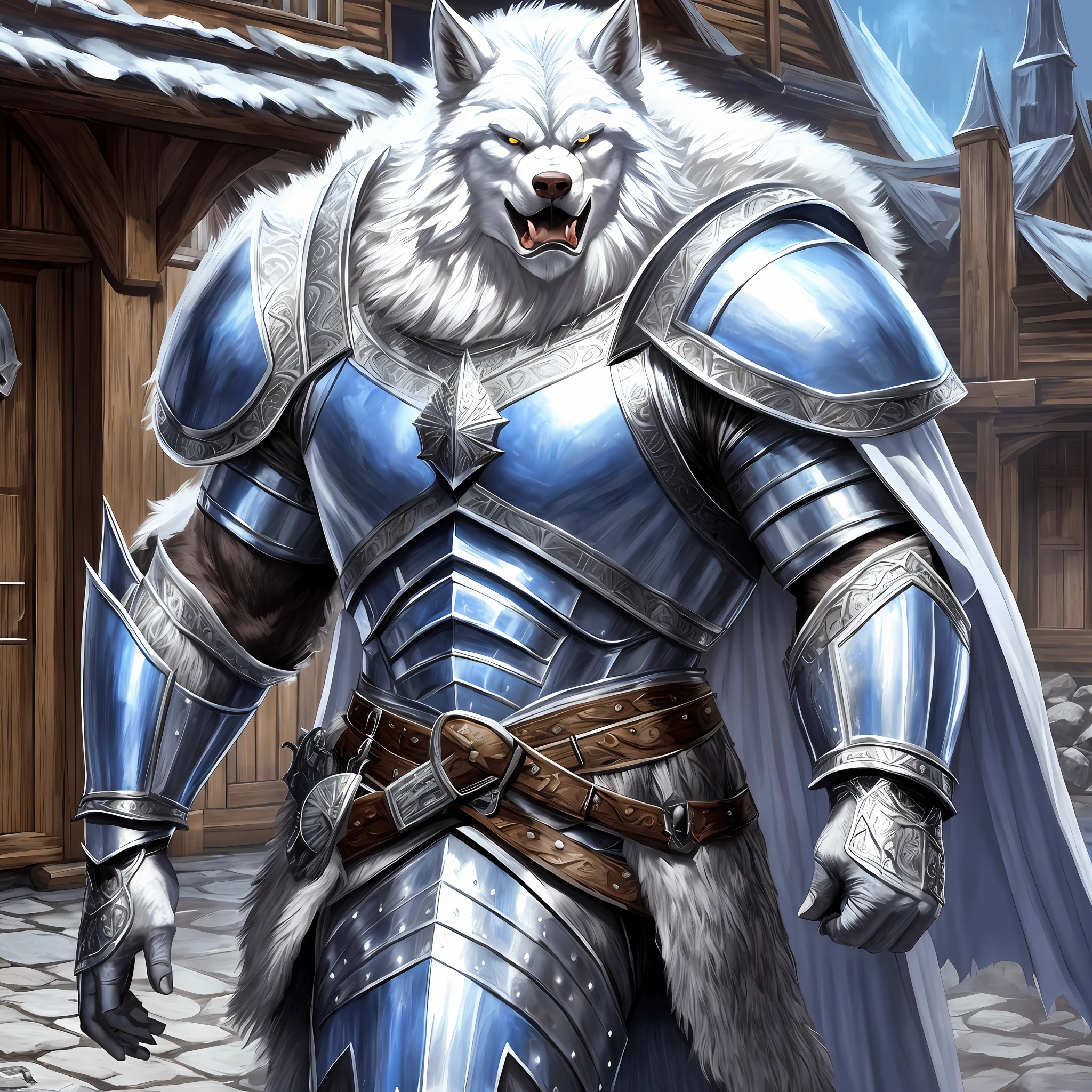 Young giant man wide muscle white werewolf, wearing a medieval Armor, large shoulder pads, silver breastplate and a furry cape Blue, angry, outside a tavern, Realistic, Full HD, best quality