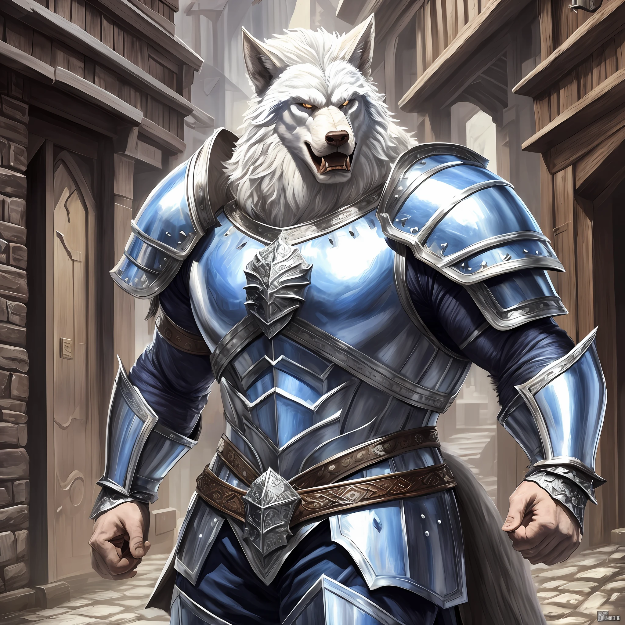 Young giant man wide muscle white werewolf, wearing a medieval Armor, large shoulder pads, silver breastplate and a furry cape Blue, angry, outside a tavern, Realistic, Full HD, best quality
