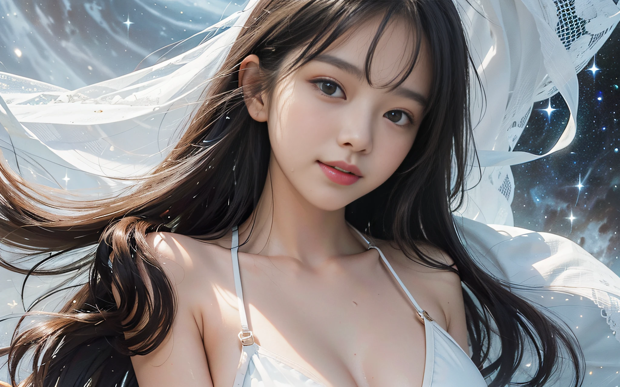 Masterpiece, Top Quality, Fine, High Resolution, Spirit Color, One Girl, 13 Years Old Cute Woman, Wet Light Fabric Swimsuit, (Super Big: 3.9), Face Up, (From Top of Head to Chest: 1.9), (White Micro Bikini Wet and See-Through : 1.1), White Micro Bikini Sol, Solo, Big Breasts, Very Cute Lips, Cleavage, Bangs, Black Hair Blown by the Real Wind, Long Hair with 5 Mails, Laughing face, lunar (universe :1.5), (galaxy :1.5), side tie bikini, smile, black eyes, teeth, face closeup, translucent white bikini waiting for start