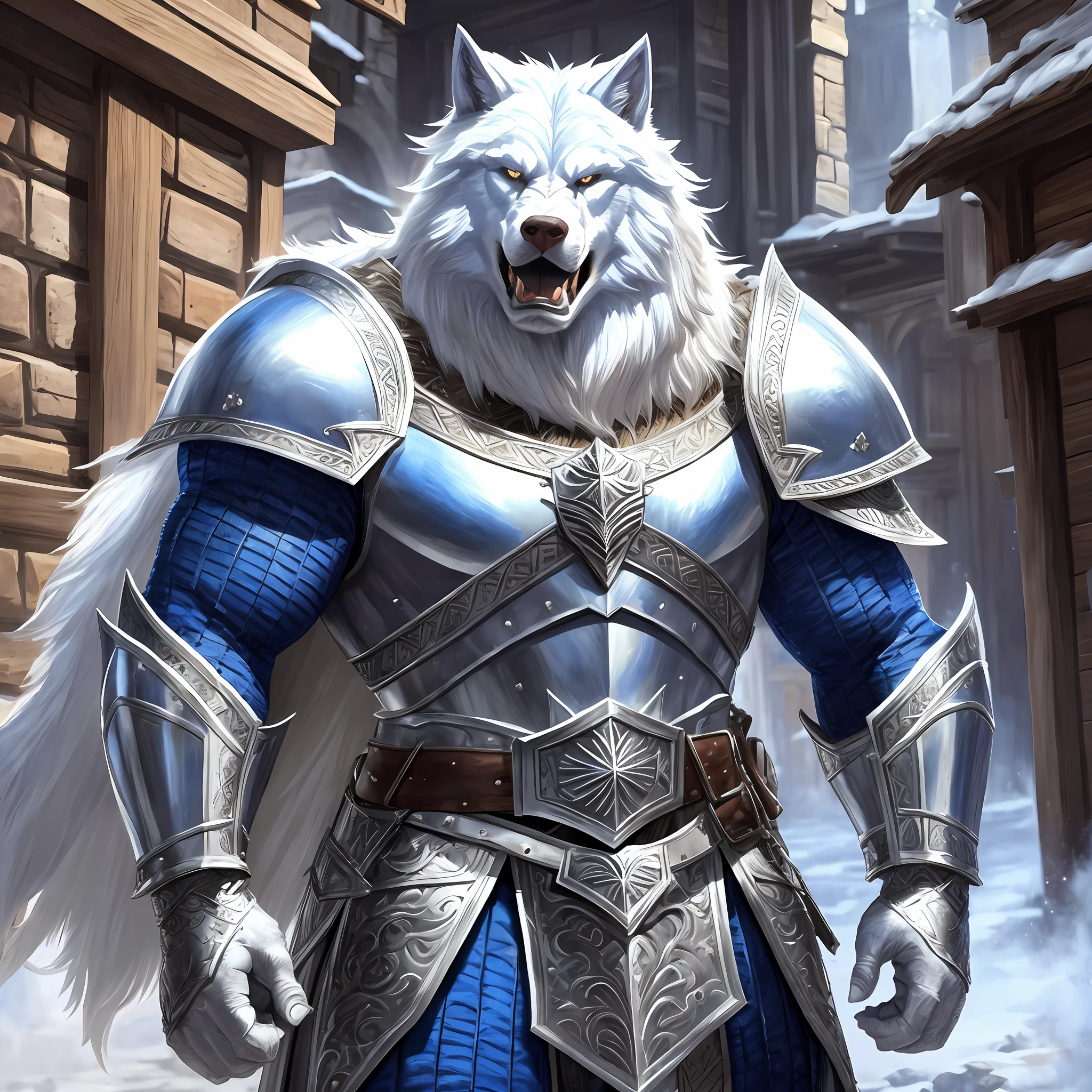 Young giant man wide muscle white werewolf, wearing a medieval Armor, large shoulder pads, silver breastplate and a furry cape Blue, angry, outside a tavern, Realistic, Full HD, best quality