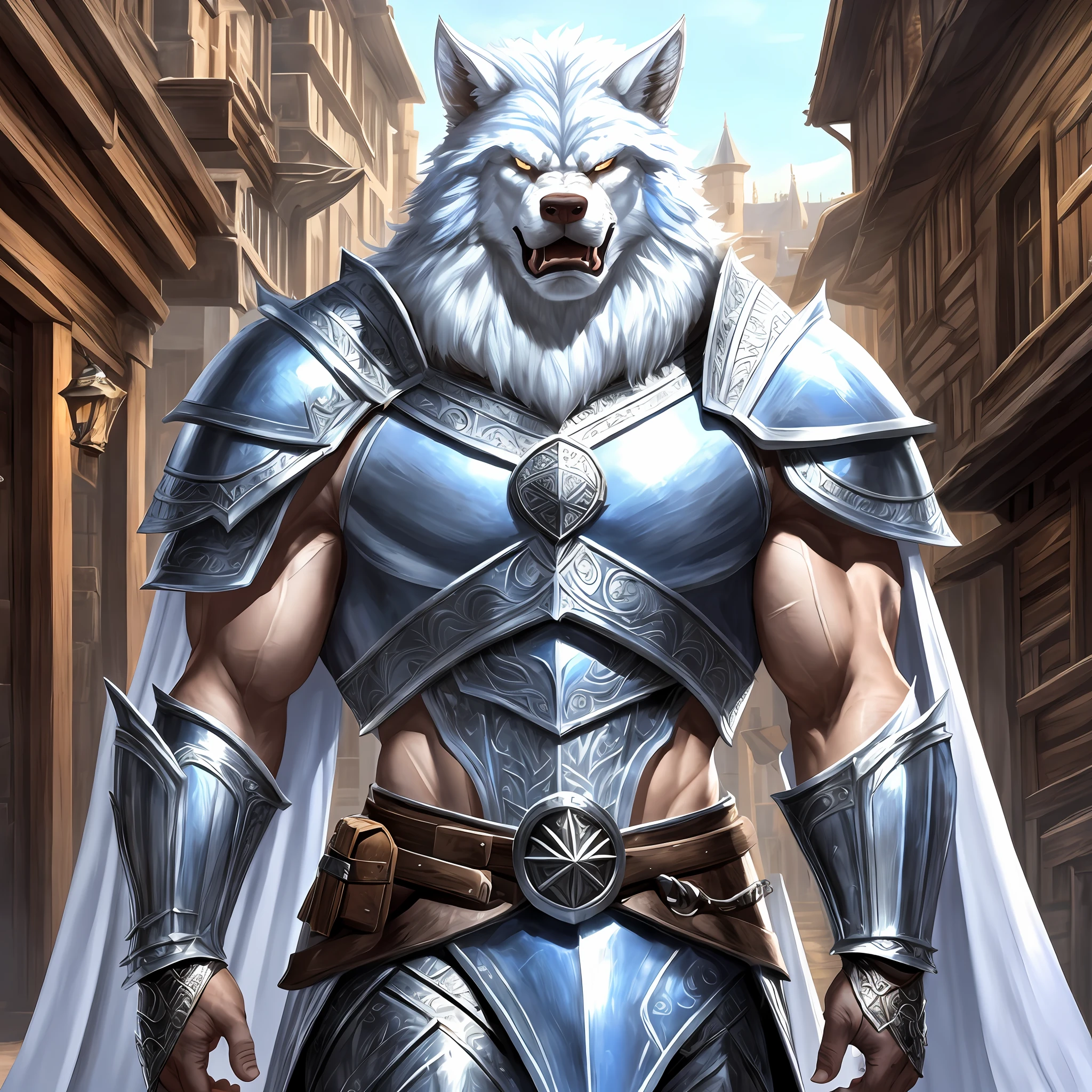 Young giant man wide muscle white werewolf, wearing a medieval Armor, large shoulder pads, silver breastplate and a furry cape Blue, angry, outside a tavern, Realistic, Full HD, best quality