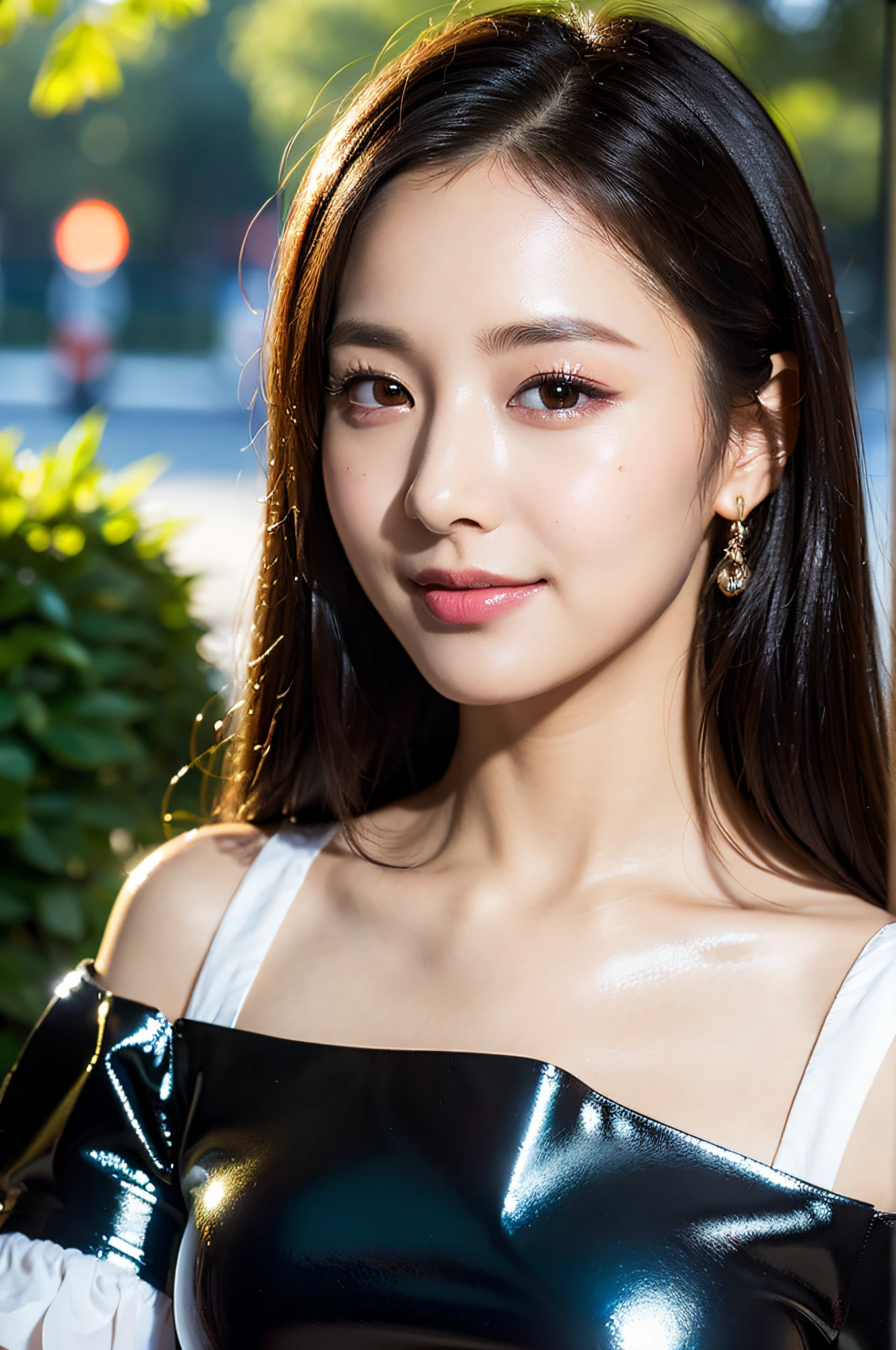 ((Top Quality, 8K, Masterpiece: 1.3)), Sharp Focus: 1.2, Realistic Pictures , (Shiny Skin:1.3), Realistic Photos, Black Hair, Big Cleavage, (Wearing a White Blouse:1.2), Realistic Pupils, Movie Lighting, Off Shoulder, Highly Detailed Eyes and Face, Smile