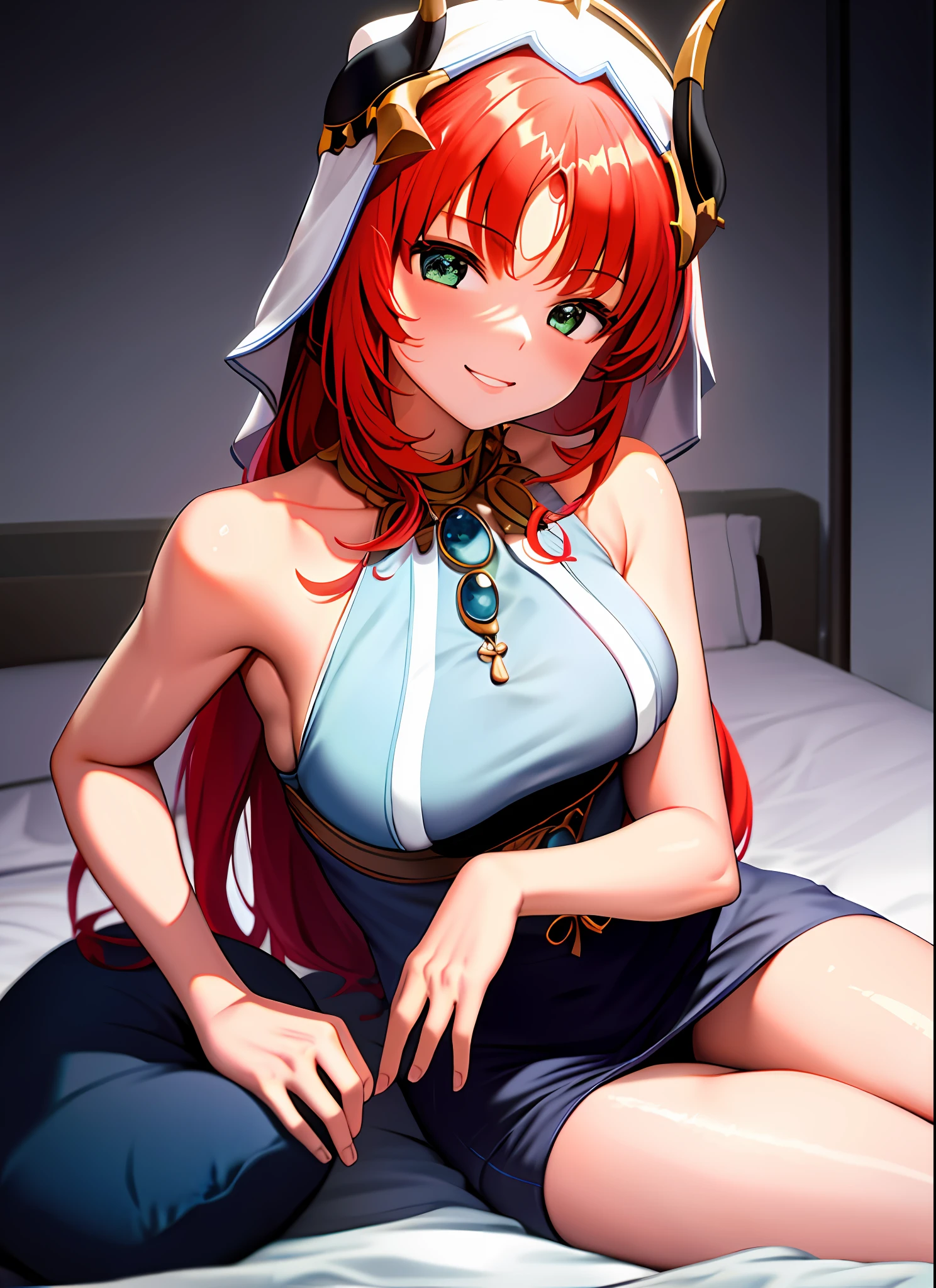 (1girl), medium breast, smile, night dress, bed, sitting, upper body, hands behind, sexy pose,