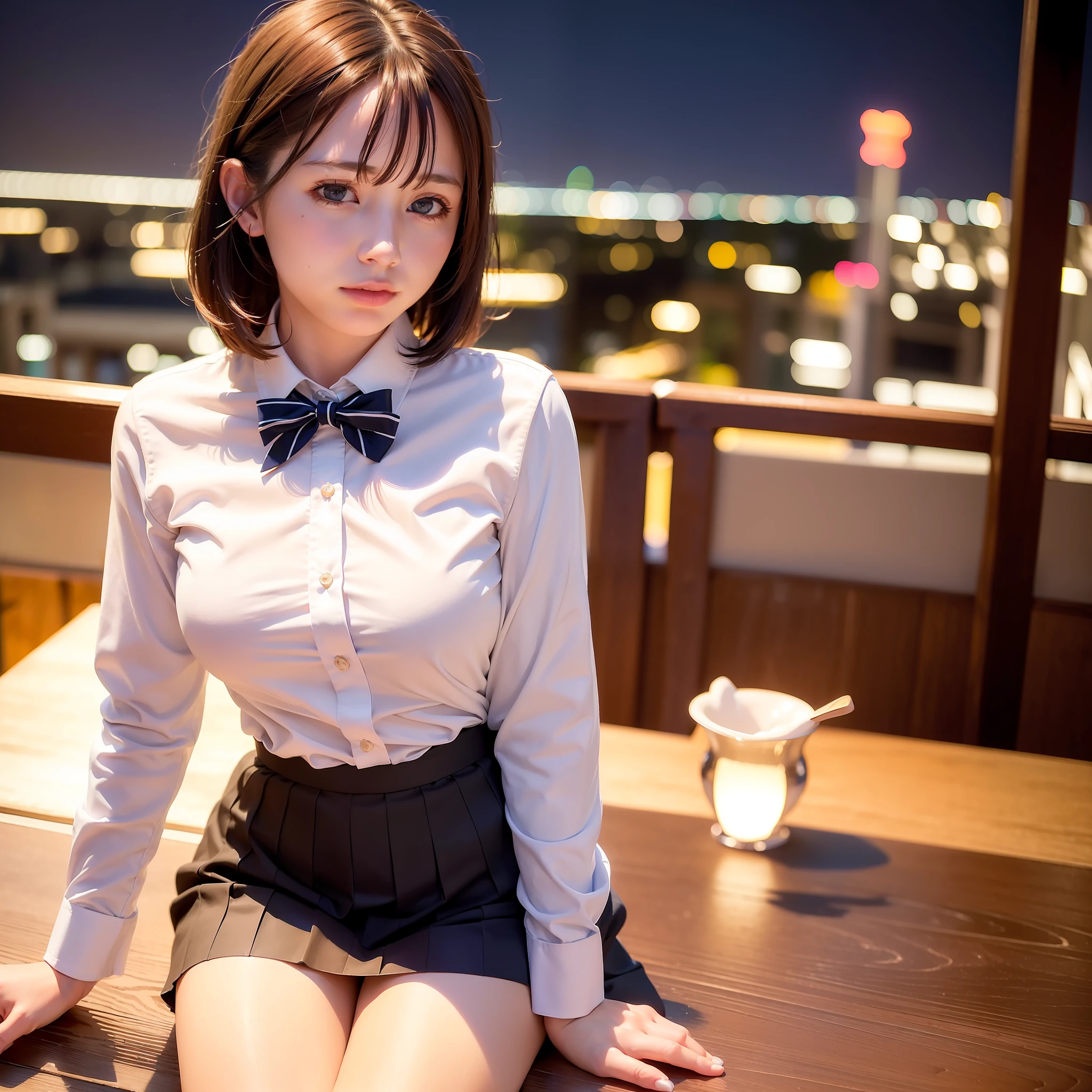 (8k, RAW photo, best quality, masterpiece:1.2), (realistic, photo-realistic:1.37), ultra-detailed, 1 girl,cute, solo,beautiful detailed sky,detailed cafe,night,sitting,dating,(nose blush),(smile:1.1),(closed mouth), medium breasts,beautiful detailed eyes,(collared shirt:1.1), bowtie,pleated skirt,(short hair:1.2),floating hair