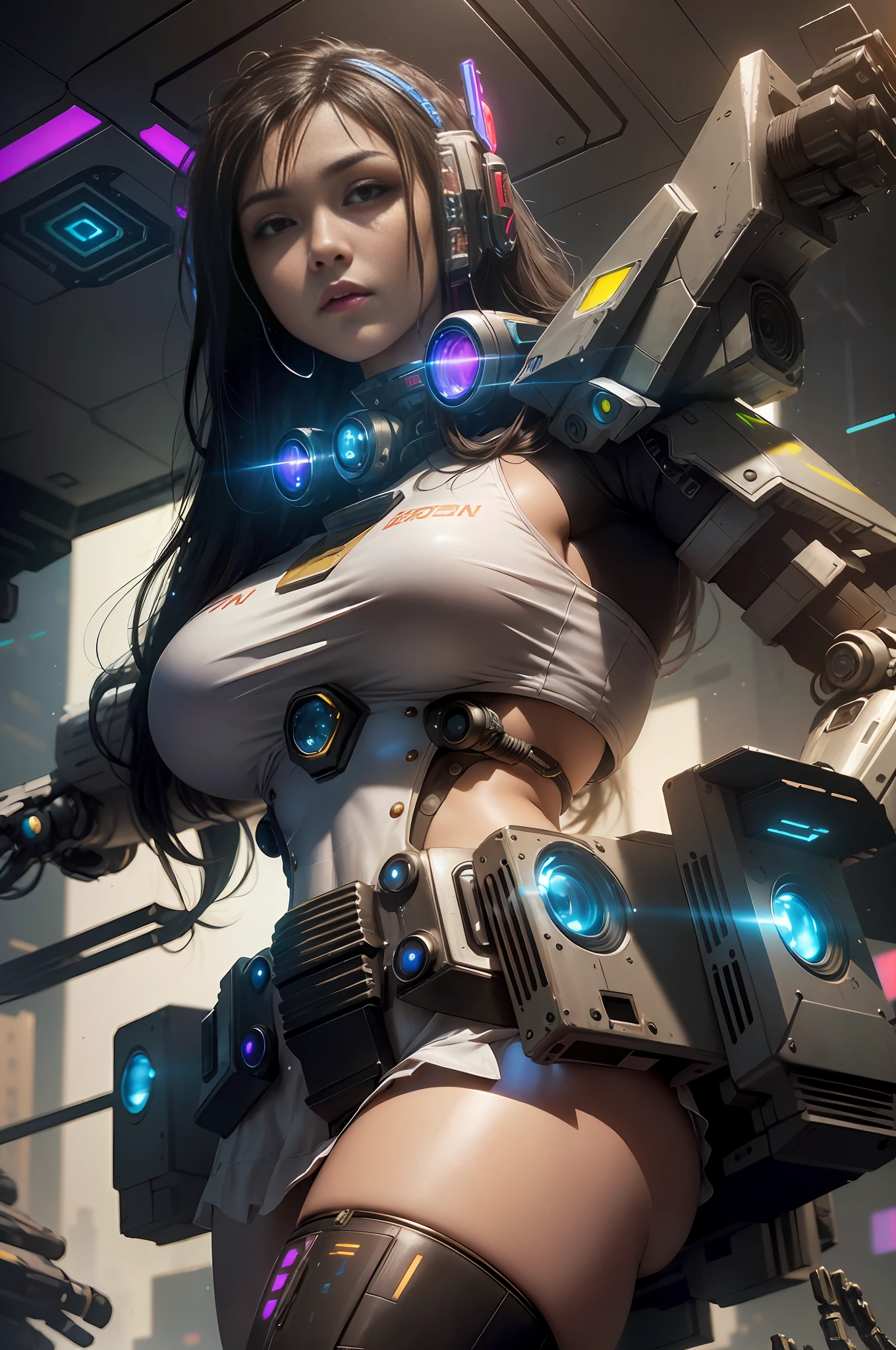 ((Best quality)), ((masterpiece)), (highly detailed:1.3), 3D, beautiful, (cyberpunk:1.6), in space, nebulous, laser, (1Female mecha:1.8), sexy body, facing the audience, bright eyes full breasts, full body, big ass, neon tattoo, (flying, descending, dynamic, motion blur: 1.4), (huge wings of locks: 1.9), looking up, glowing_eyes, mecha, panorama, background is earth, nebula, space, particles, Reality, HDR (High Dynamic Range), Ray Tracing, NVIDIA RTX, Super Resolution, Unreal 5, Subsurface Scattering, PBR Textures, Post-Processing, Anisotropic Filtering, Depth of Field, Maximum Clarity and Clarity, Multilayer Textures, Albedo and Specular Maps, Surface Shading, Accurate Simulation of Light-Material Interaction, Perfect Proportions, Octane Render, Two-Tone Lighting, Large Aperture, Low ISO, white balance, rule of thirds, 8K RAW, efficient sub-pixel, sub-pixel volume product, (best quality), (Japanese: 0.9), (Korean: 0.9), (Liu Yi Fei: 1.8) long hair, (large chest: 1.5), (underboob: 1.9), (white transparent lace mini skirt: 1.7)