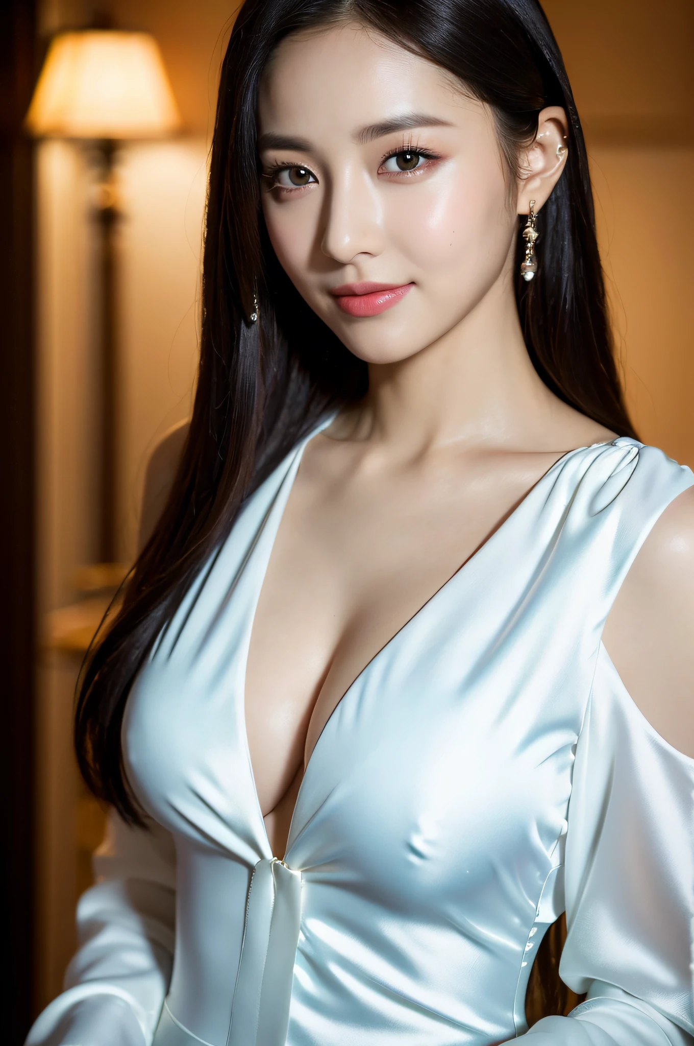 ((Top Quality, 8K, Masterpiece: 1.3)), Sharp Focus: 1.2, Realistic Pictures , (Shiny Skin:1.3), Realistic Photos, Black Hair, Big Cleavage, (Wearing a White Blouse:1.2), Realistic Pupils, Movie Lighting, Off Shoulder, Highly Detailed Eyes and Face, Smile