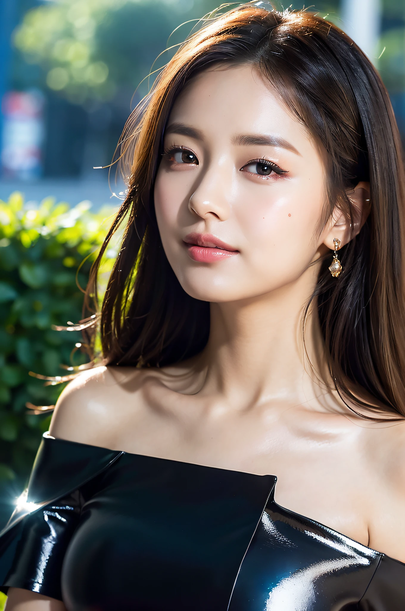 ((Top Quality, 8K, Masterpiece: 1.3)), Sharp Focus: 1.2,  Realistic Pictures , (Shiny Skin:1.3), Realistic Photos, Black Hair, Big Cleavage, (Wearing a White Blouse:1.2), Realistic Pupils, Movie Lighting, Off Shoulder, Highly Detailed Eyes and Face,   Smile
