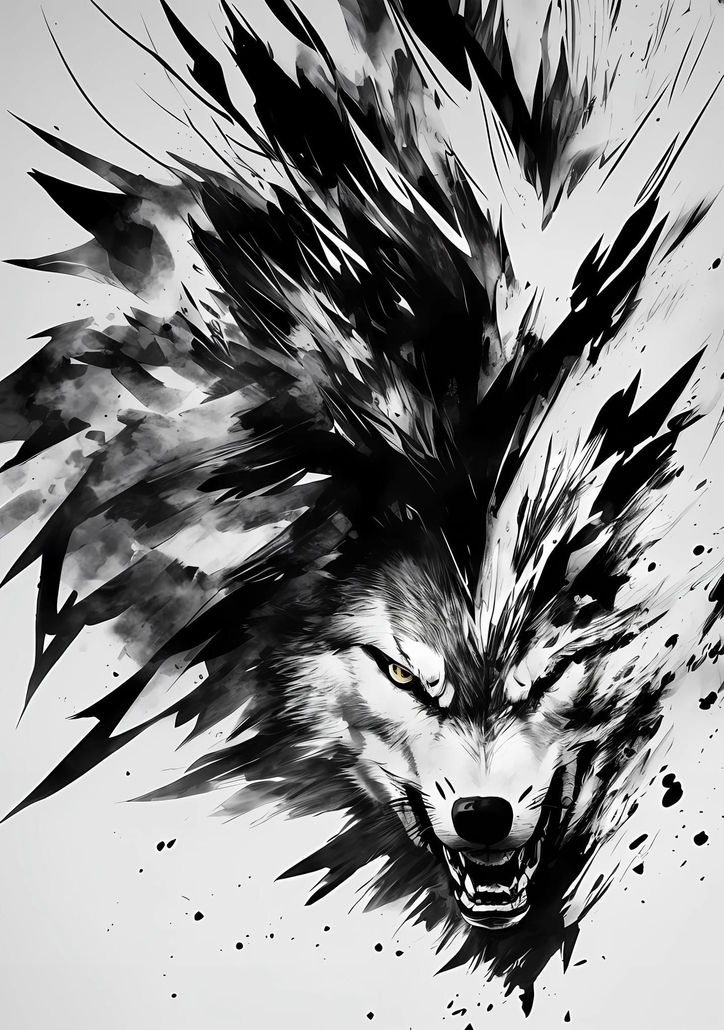 Wolf, Yoji Shinkawa style, black and white, print, super detailed, 1 character