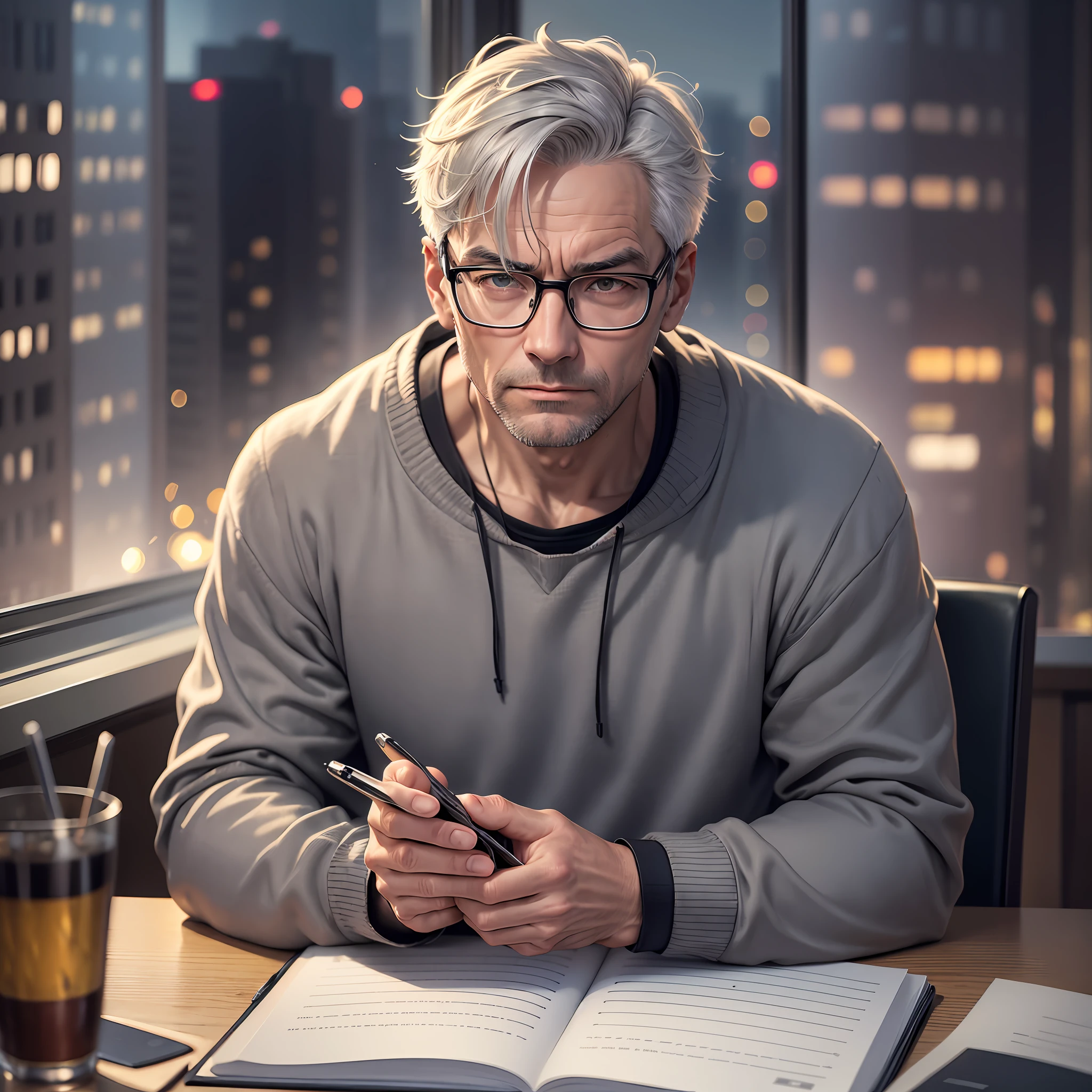 Realistic image of a man with short, gray hair, wearing glasses, wearing a black sweatshirt, sitting at a desk, holding a notebook, looking at the notebook in his hands, expression of surprise, setting of a night office, night buildings in the landscape through the window --auto --s2