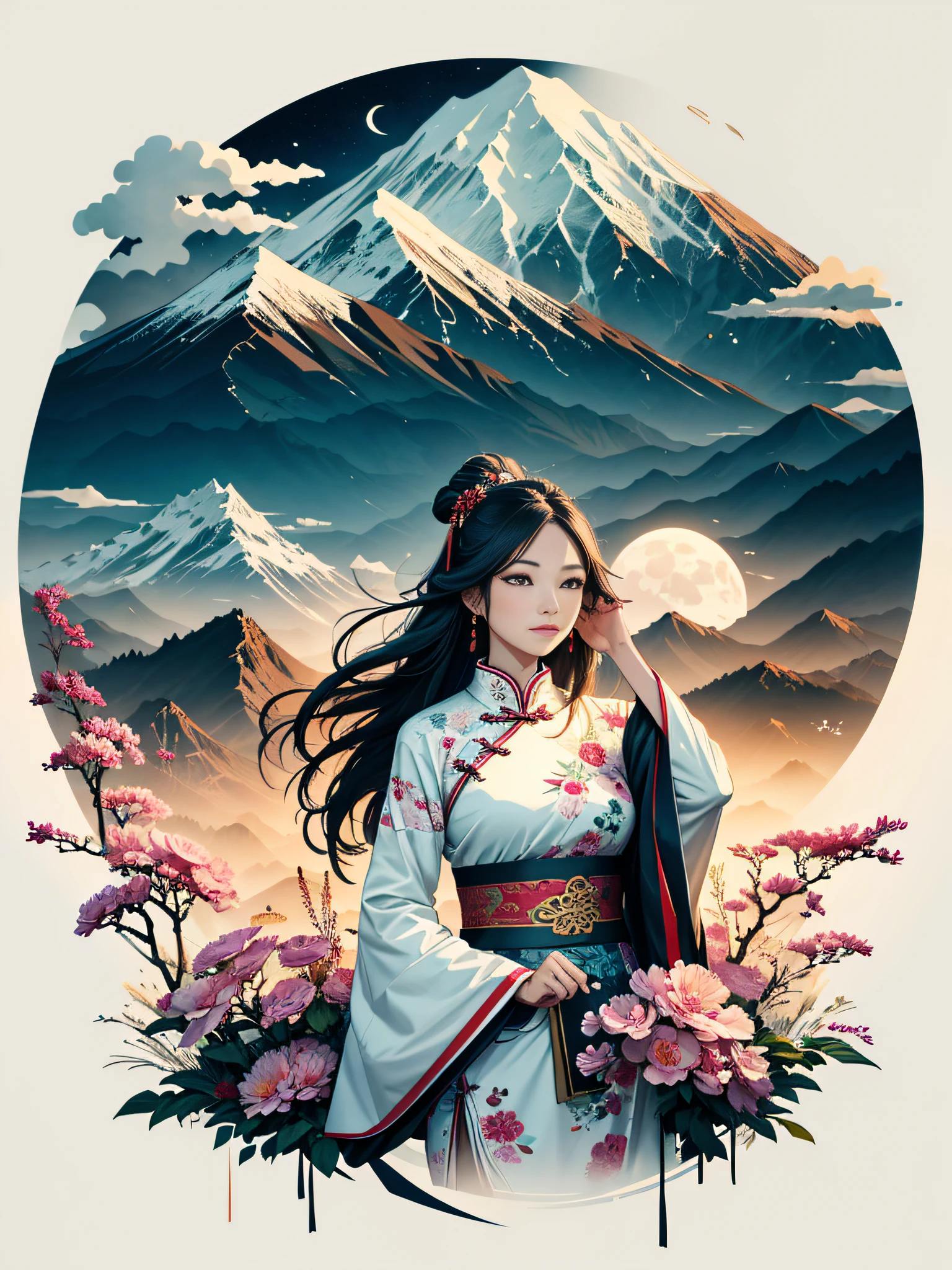 masterpiece, best quality, highres, (1girl), (ink, white background, mature female, chinese clothes, floral pattern), long hair, clouds, mountains, moon, flowers, composition, upper body, dynamic pose