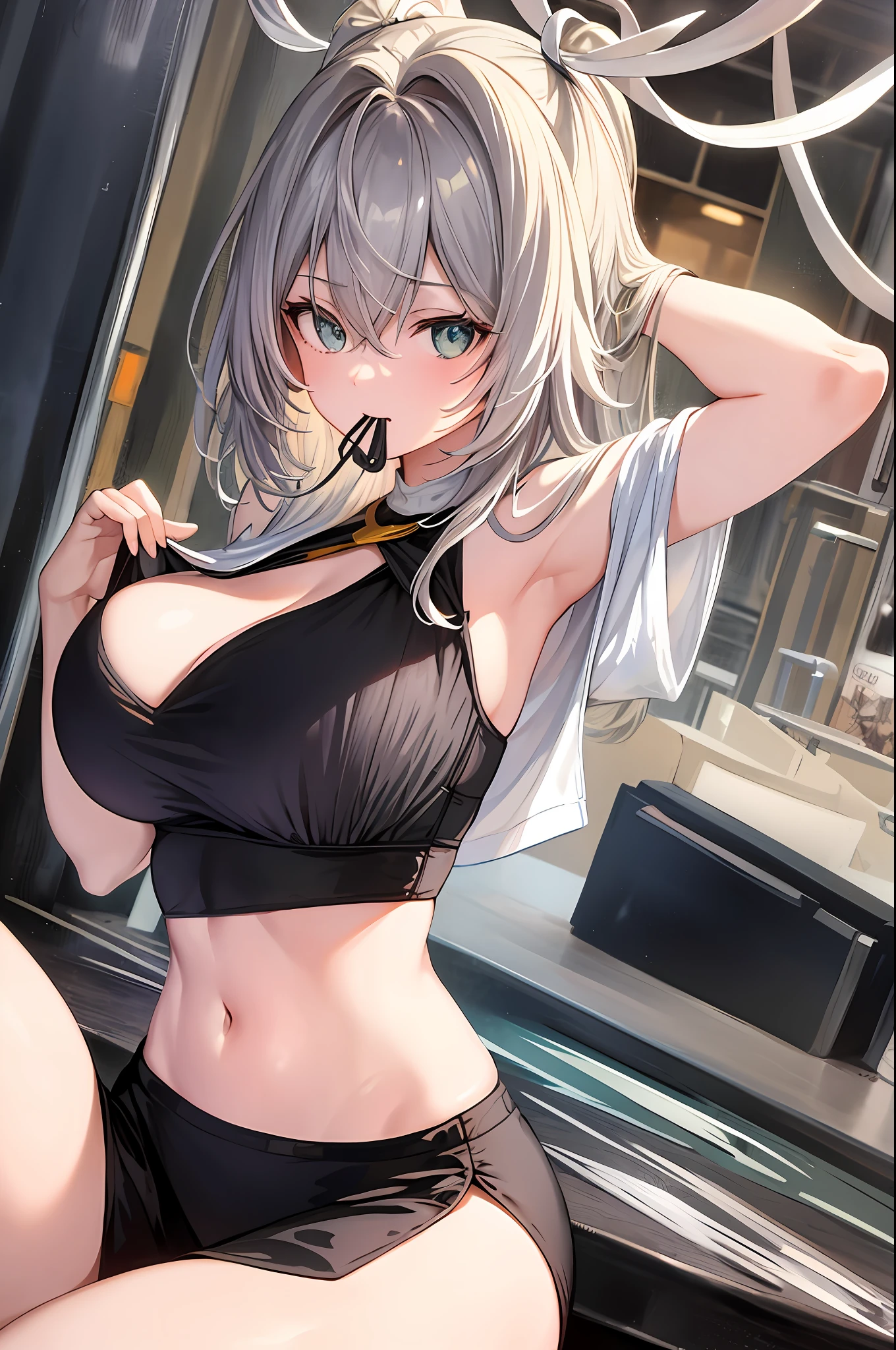 1girl, large breasts, clothes in mouth, neckline, navel, t-shirt, ((bra)), clothes lift
