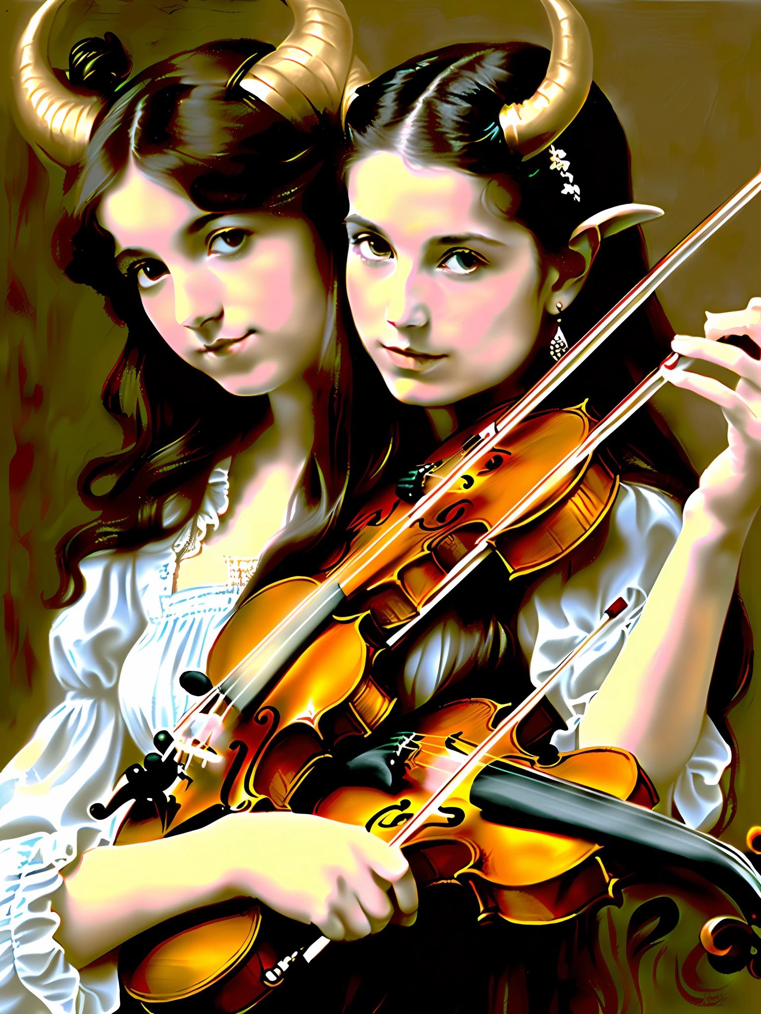 Bald brunette bard with horns playing the violin