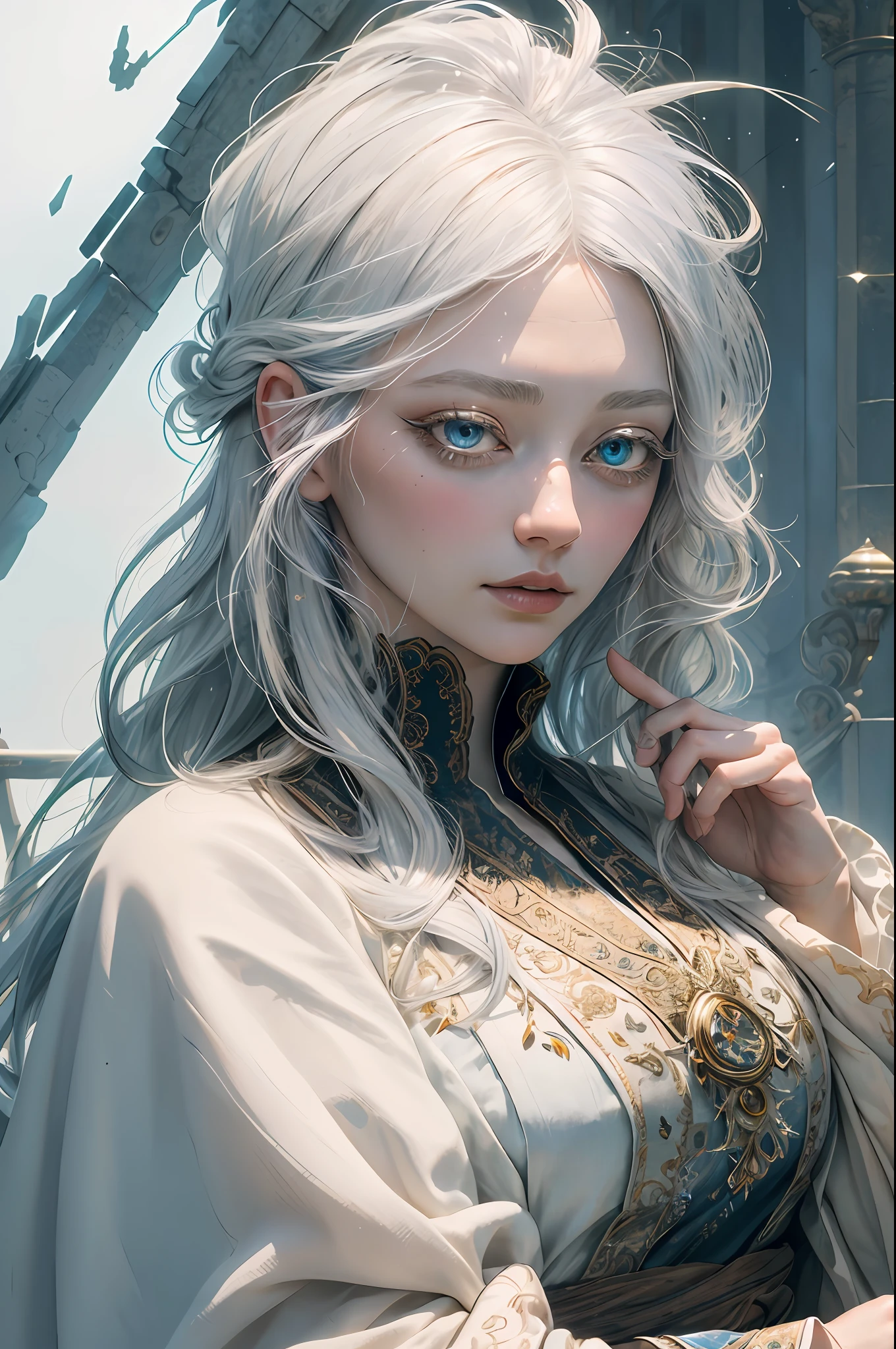 realistic, masterpiece, best quality, colorful,(finely detailed beautiful eyes and detailed face),nature lighting, extremely detailed CG unity 8k wallpaper,
1girl,solo, tall mature female, elegant, noble, close-up,
Clothes: intricate wizard robe,
Appearance: silver hair, light colored pupils, handsome,
background: simple background,(colored eyelashes, white eyelashes:1.2)
