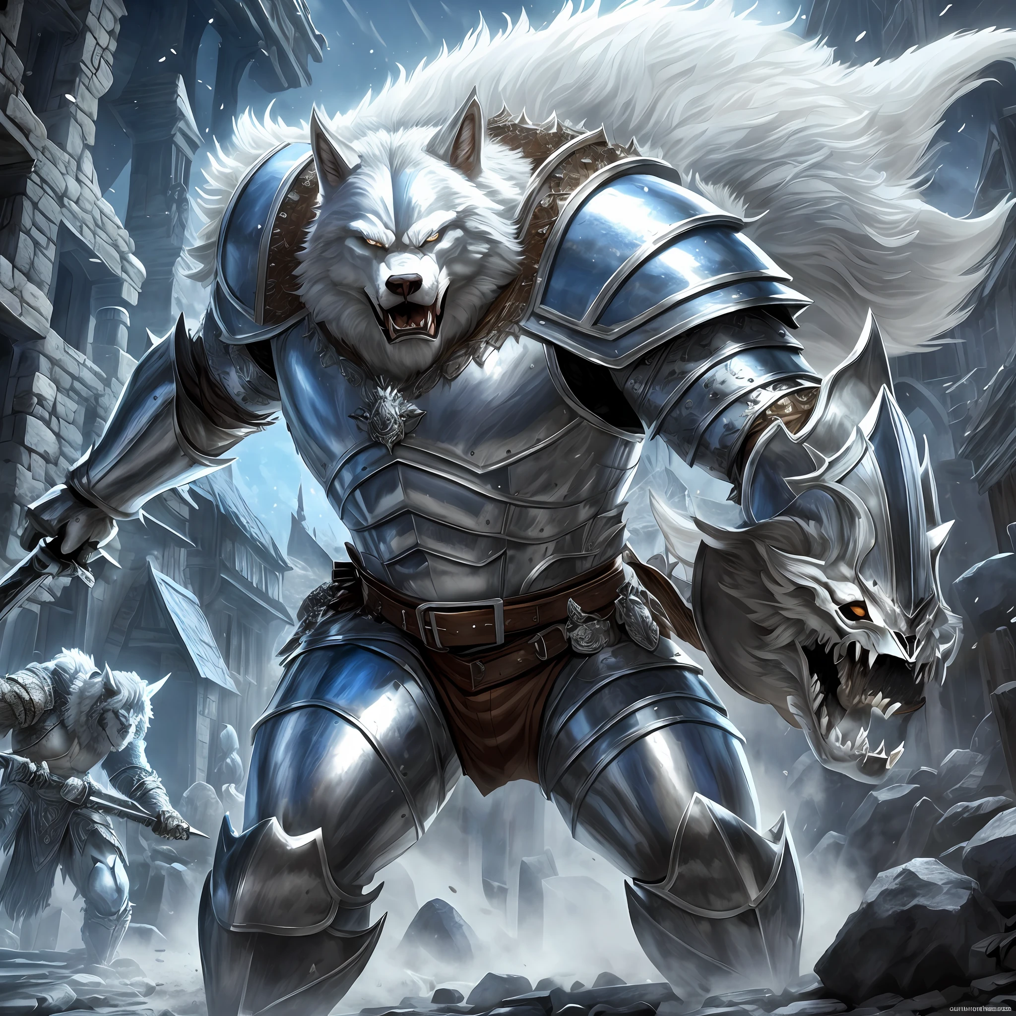 Young giant man wide muscle white werewolf, wearing a medieval Armor, large shoulder pads, silver breastplate and a furry cape Blue, angry, attacking a skeleton, outside a tavern, Realistic, Full HD, best quality