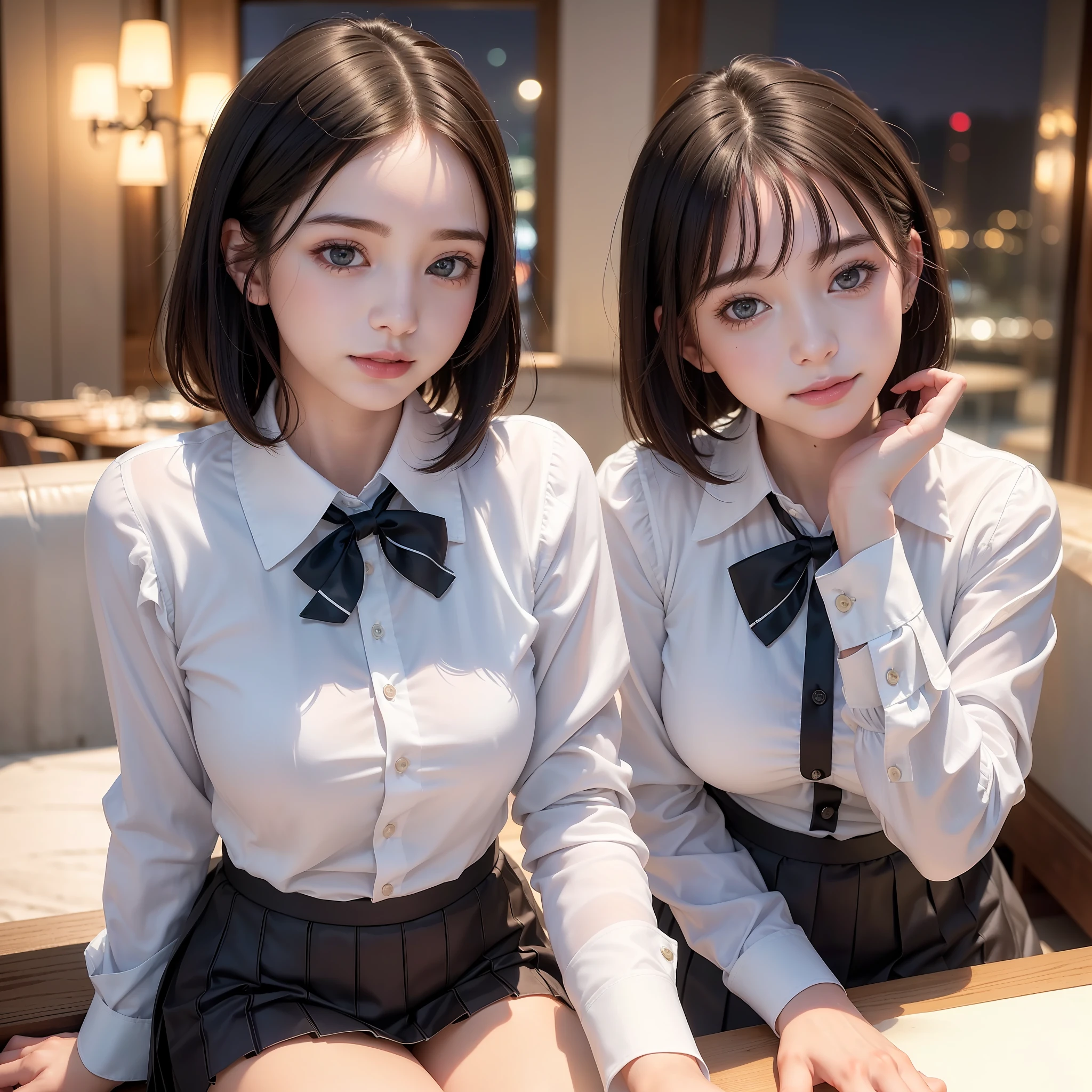 (8k, RAW photo, best quality, masterpiece:1.2), (realistic, photo-realistic:1.37), ultra-detailed, 1 girl,cute, solo,beautiful detailed sky,detailed cafe,night,sitting,dating,(nose blush),(smile:1.1),(closed mouth), medium breasts,beautiful detailed eyes,(collared shirt:1.1), bowtie,pleated skirt,(short hair:1.2),floating hair
