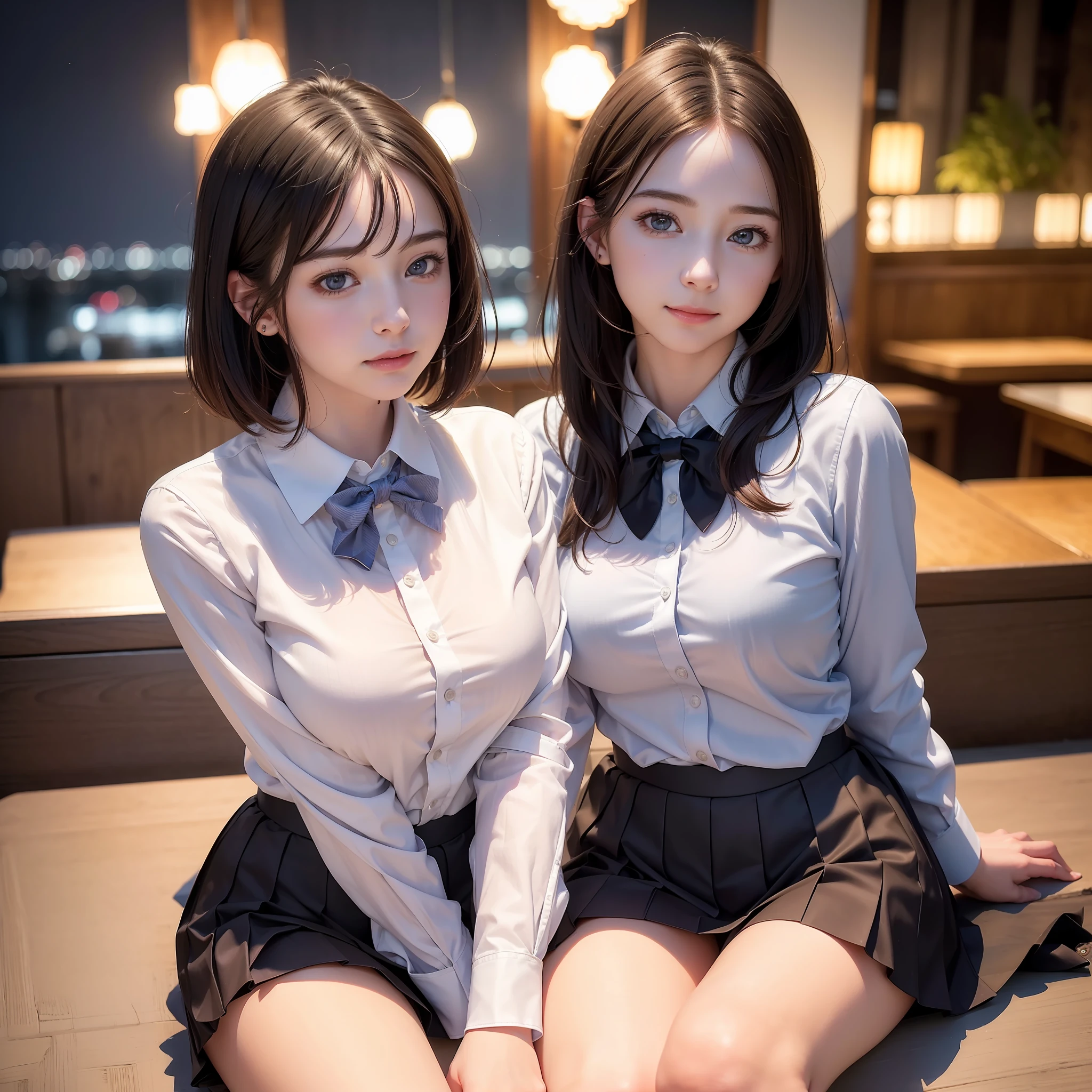 (8k, RAW photo, best quality, masterpiece:1.2), (realistic, photo-realistic:1.37), ultra-detailed, 1 girl,cute, solo,beautiful detailed sky,detailed cafe,night,sitting,dating,(nose blush),(smile:1.1),(closed mouth), medium breasts,beautiful detailed eyes,(collared shirt:1.1), bowtie,pleated skirt,(short hair:1.2),floating hair