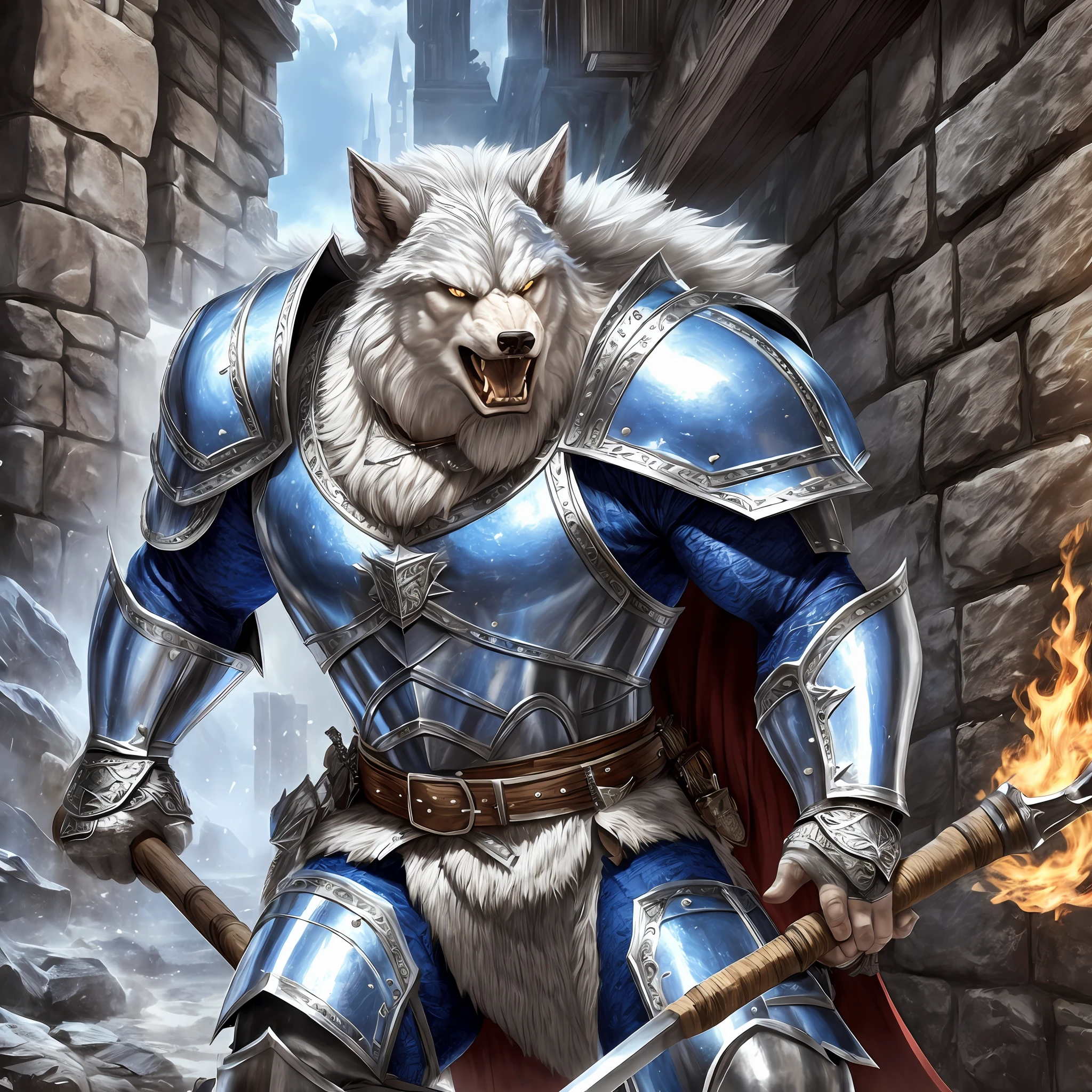 Young giant man wide muscle white werewolf, wearing a medieval Armor, large shoulder pads, silver breastplate and a furry cape Blue, angry, fighting using an axe, outside a tavern, Realistic, Full HD, best quality