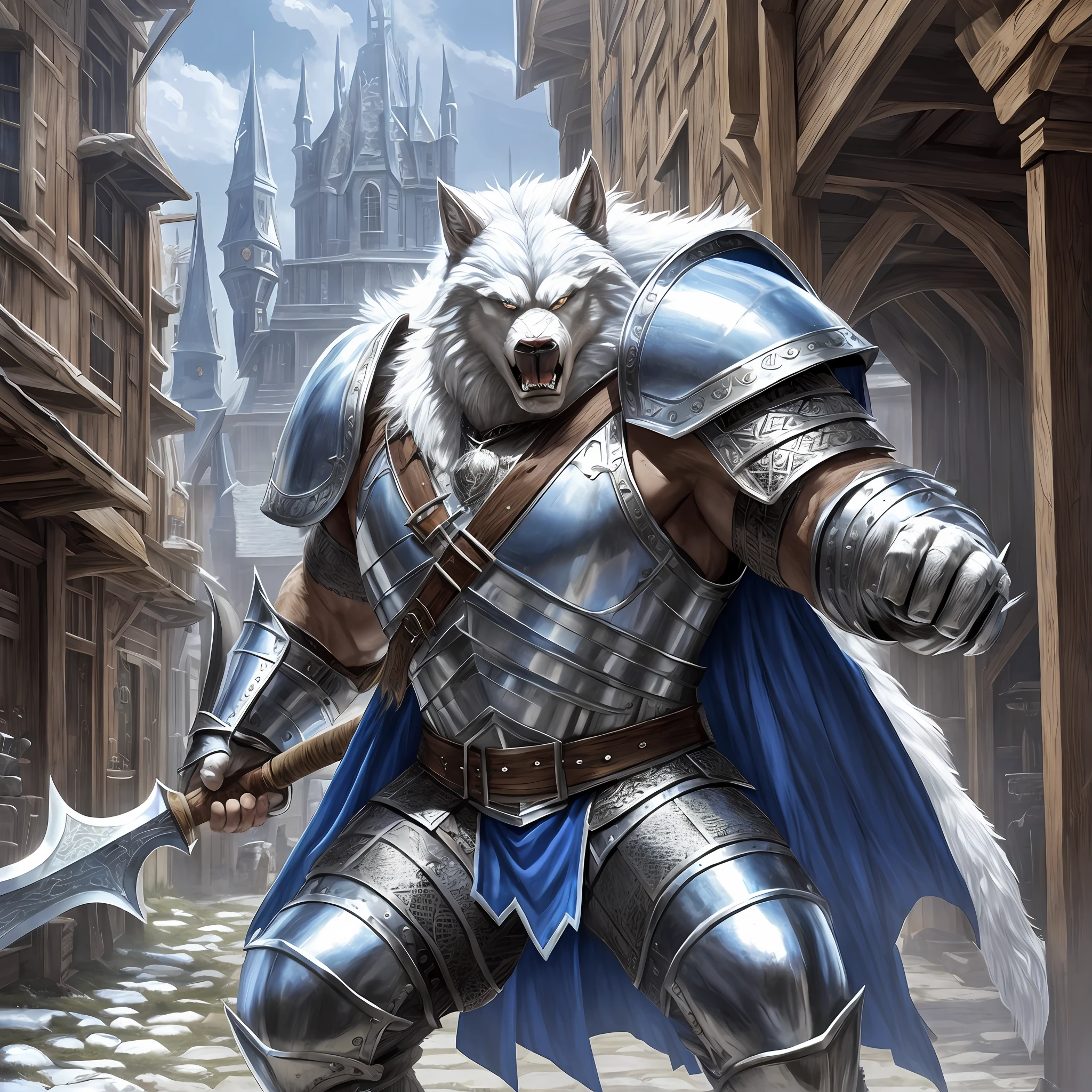 Young giant man wide muscle white werewolf, wearing a medieval Armor, large shoulder pads, silver breastplate and a furry cape Blue, angry, fighting using an axe, outside a tavern, Realistic, Full HD, best quality