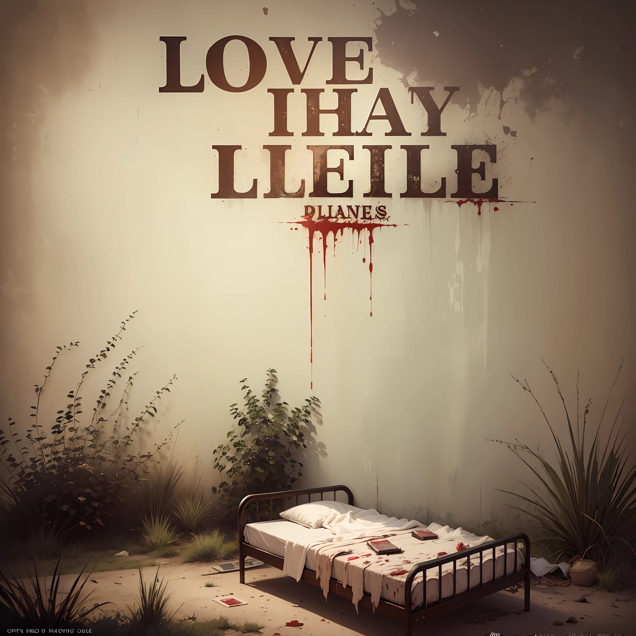 make a cd cover, which has a place with dry bushes, an abandoned hospital bed in the middle of the place, with blood bag near the bed, cover title ( LOVE THAT HEAL ), singer's name ( PAULO NAPRES ), old style image, 8k --auto --s2