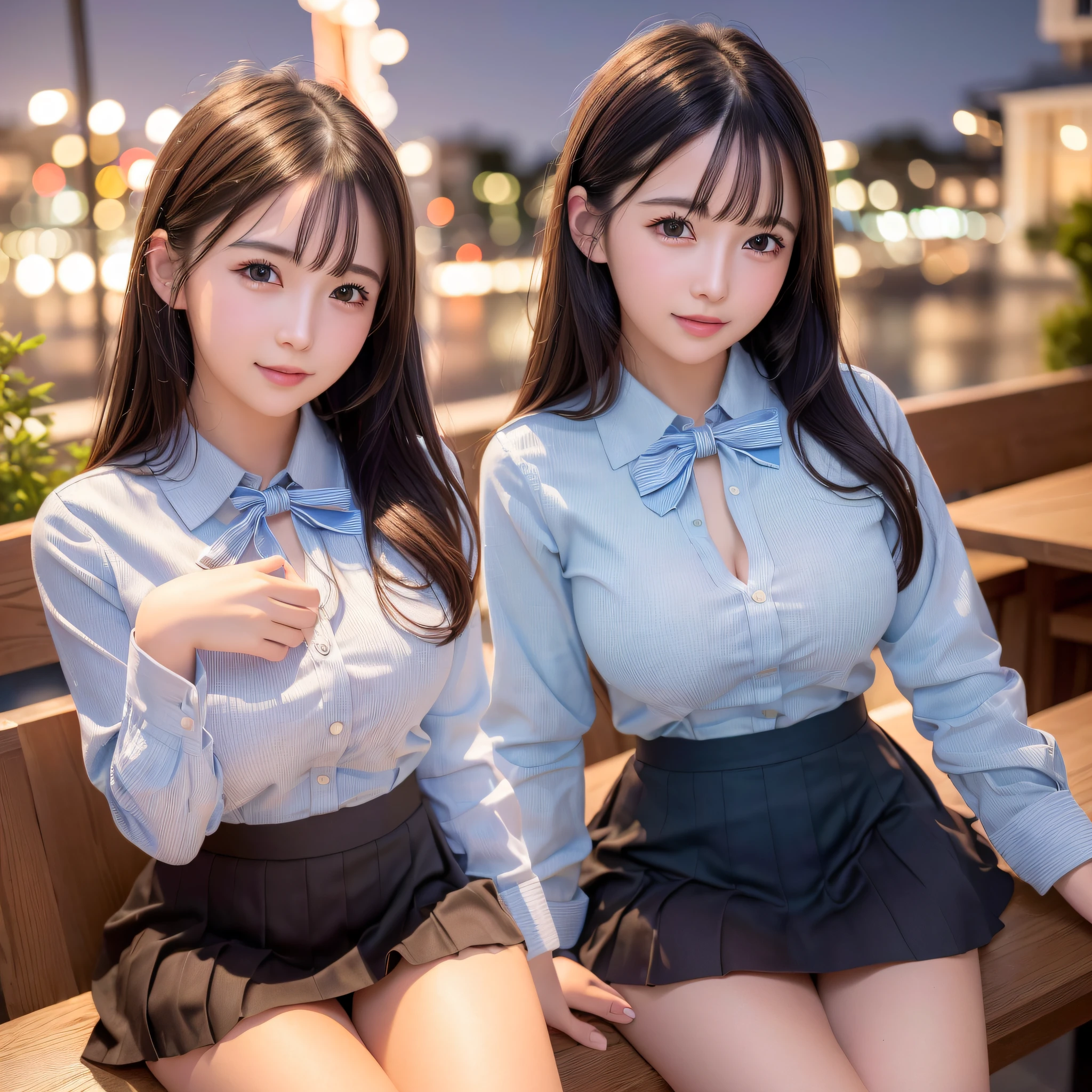 (8k, RAW photo, best quality, masterpiece:1.2), (realistic, photo-realistic:1.37), ultra-detailed, 1 girl,cute, solo,beautiful detailed sky,detailed cafe,night,sitting,dating,(nose blush),(smile:1.1),(closed mouth), medium breasts,beautiful detailed eyes,(collared shirt:1.1), bowtie,pleated skirt,(short hair:1.2),floating hair
