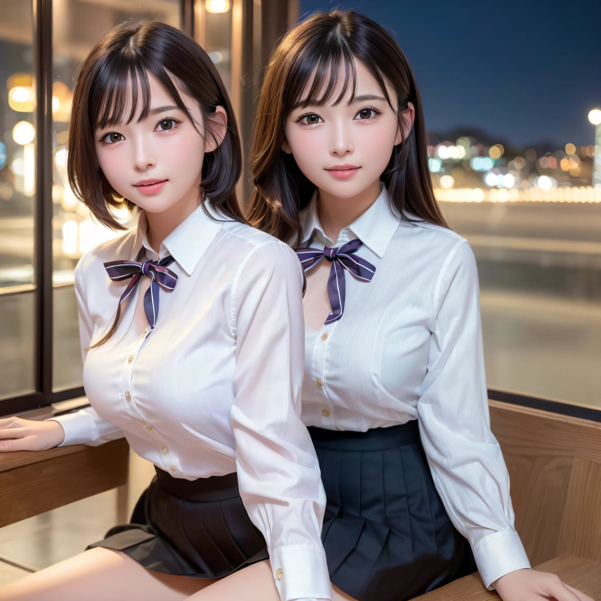 (8k, RAW photo, best quality, masterpiece:1.2), (realistic, photo-realistic:1.37), ultra-detailed, 1 girl,cute, solo,beautiful detailed sky,detailed cafe,night,sitting,dating,(nose blush),(smile:1.1),(closed mouth), medium breasts,beautiful detailed eyes,(collared shirt:1.1), bowtie,pleated skirt,(short hair:1.2),floating hair