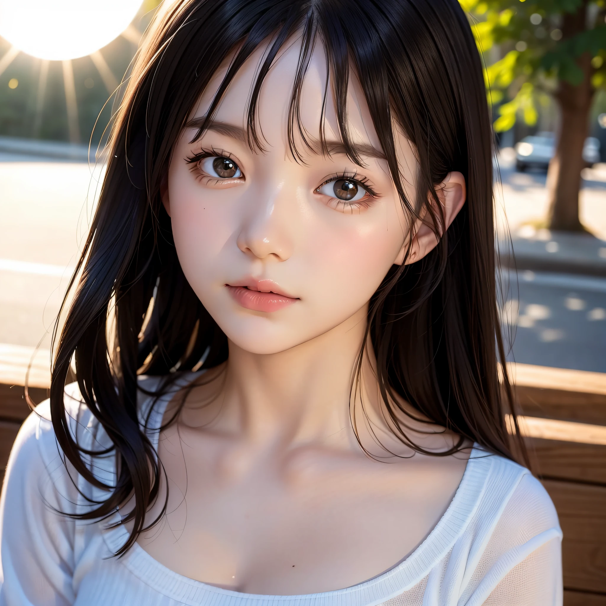 best quality, masterpiece, girl, Dark hair, dark eyes, home, sun shining, shiny skin, sun flare