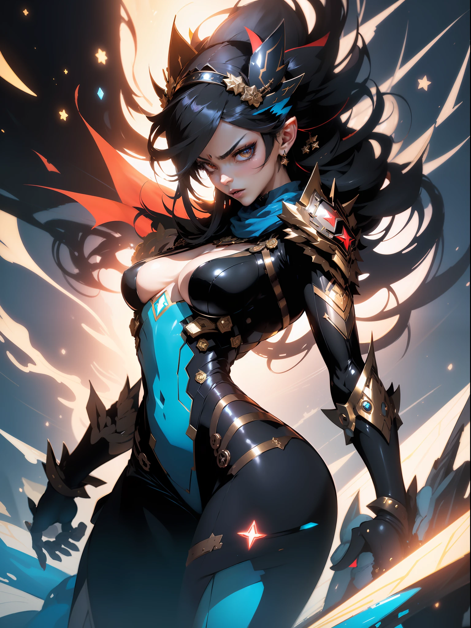 ((Best quality)), ((masterpiece)), (detailed: 1.4), (Absurd), angry princess, ((action pose)), (((black Muslim woman wearing short blue dress with bronze ornaments)))), ready for war, brunette skin, hot woman, sculptural body with defined muscles, closed mouth, muscular body covered by a Hoyoverse-style technological micro dress, Honkai Impact, Geishin Impast, large motorcycle glasses, bandana covering head, whole body covered by clothing, holding two scimitars, ((small breasts)), (eyes with heavy makeup and very black without pupils), ((black and gold clothing with small red details)), (((short black hair style Ryuko Matoi)), (alien inscriptions on the arms), (((drawings of golden stars on the arms)), very long eyelashes, heavy makeup on the eyes, lots of jewelry, by mucha, niji --V5, near real, psychopathic, crazy face, sexy pose, background with a giant Gundam style robot head, 2 piece clothing, diamond shoulder pads, pastel, centered, scale to fit dimensions, HDR (High Dynamic Range),Ray Tracing,NVIDIA RTX,Super-Resolution,Unreal 5,Subsurface dispersion, PBR texture, Post-processing, Anisotropic filtering, Depth of field, Maximum clarity and sharpness, Multilayer textures, Albedo and specular maps, Surface shading, Accurate simulation of light-material interaction, Perfect proportions, Octane Render, Two-tone lighting, Wide aperture, Low ISO, White balance, Rule of thirds, 8K RAW, crysisnanosuit