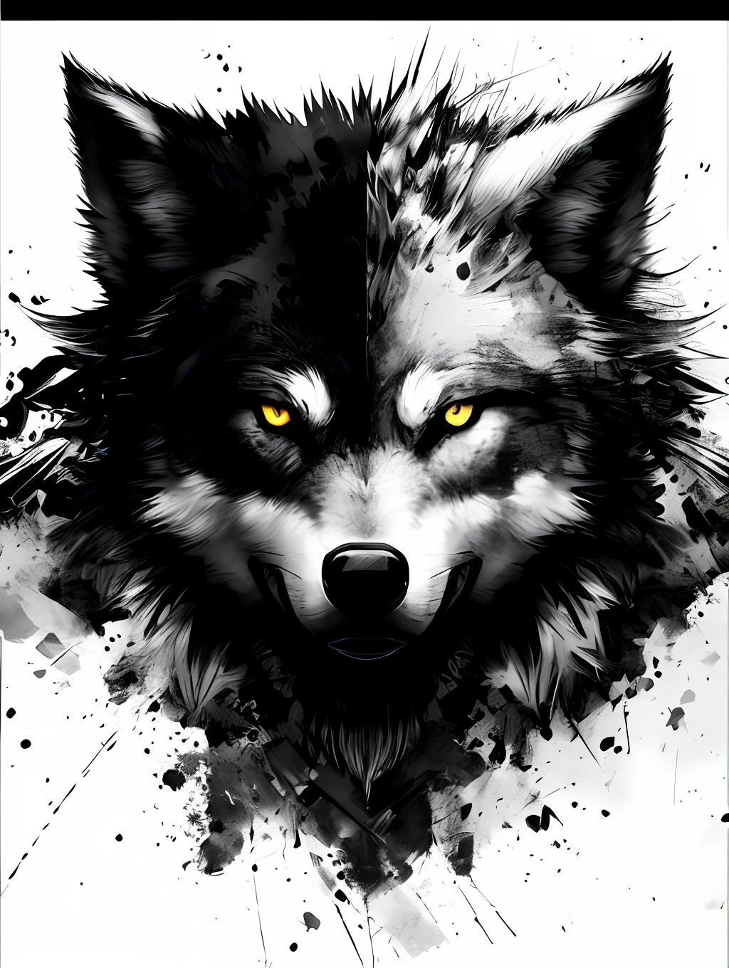 Wolf, style of Yoji Shinkawa, black and white, print, super detailed
