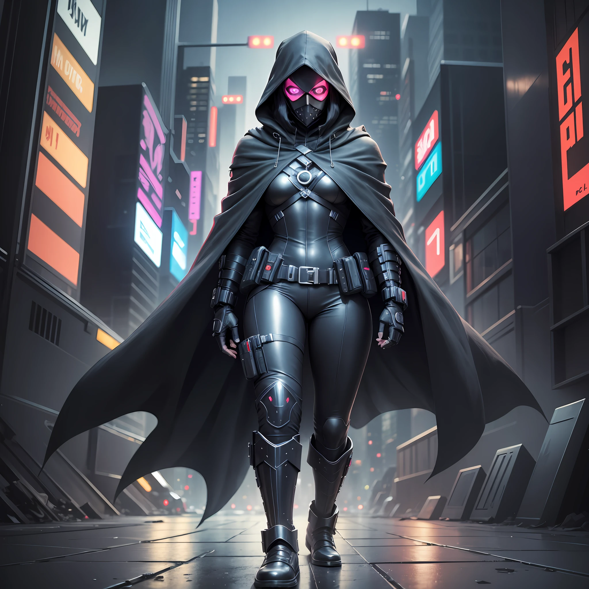 anonymous hacker, black cape, Boots in black color, cyberpunk city, 4k, cinema quality --auto --s2
