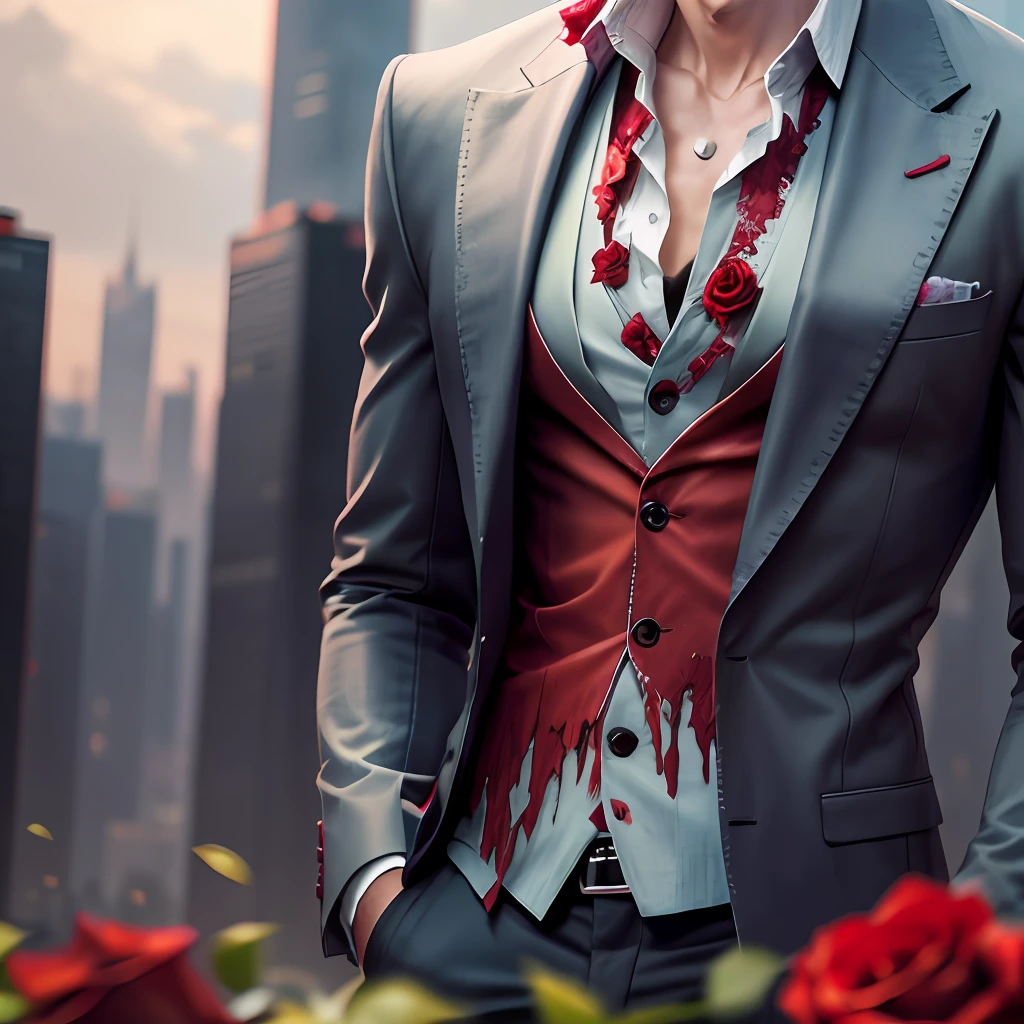 Zombie, wearing a ripped suit, no tie, front, half body, ultra realistic, bouquet of roses in hands, futuristic city.
