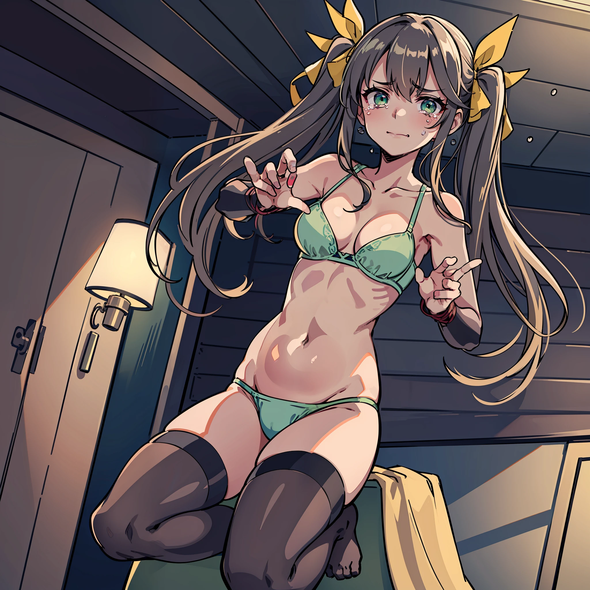 (((masterpiece))), best quality, highly detailed, extremely detailed CG unity 8k wallpaper,illustration,sfw,safe for work,
sd1,solo, one female,1female,lingyinhuang, fang, yellow ribbon, hair ribbon,green bra,green panties, covered navel, bare shoulders, pink thigh highs,dark green eyes, wet body,bondage,bdsm, tied,tied up,rope, hands are bound,
close-up to her toes,belly,,sitting,looking on the belly,from below,
coughing,suffering,tears,crying,suffering face,
indoor,grey background, dark background,night,dark living room,warm light,spotlight,