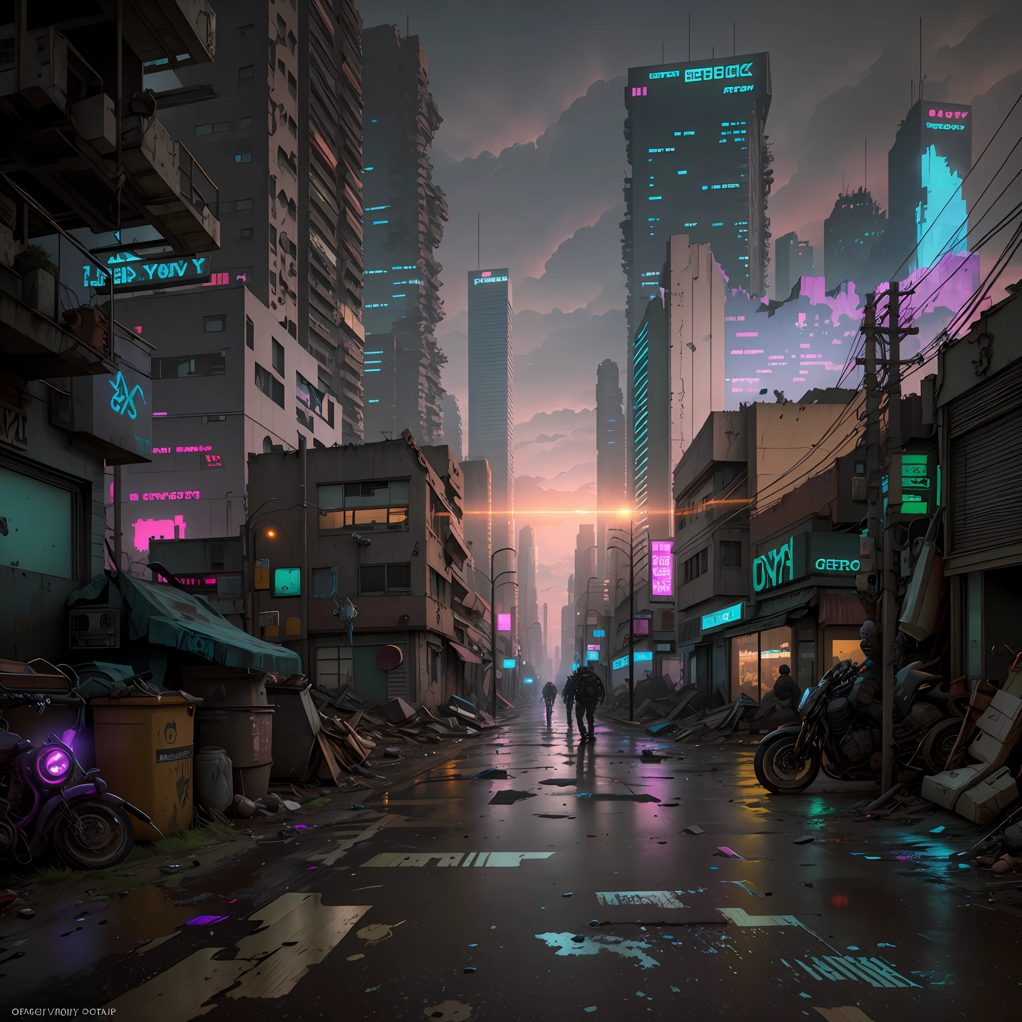 Post - Doomsday City Street, Cyberpunk Apocalypse City, Dirty Cyberpunk City, Dystopian Digital Concept Art, Surreal Cyberpunk City, Post - Doomsday City, Outdoor Ruined Cityscape, Urban Concept Art, Surreal Cyberpunk Style, In Post-apocalyptic City, Post-apocalyptic Zone, Post-apocalyptic Street, Cyberpunk Blue-Purple Tones, Cyberpunk Lights, Cyberpunk Buildings, Cyberpunk City, C4D Rendering Style, Octane Renderer Style