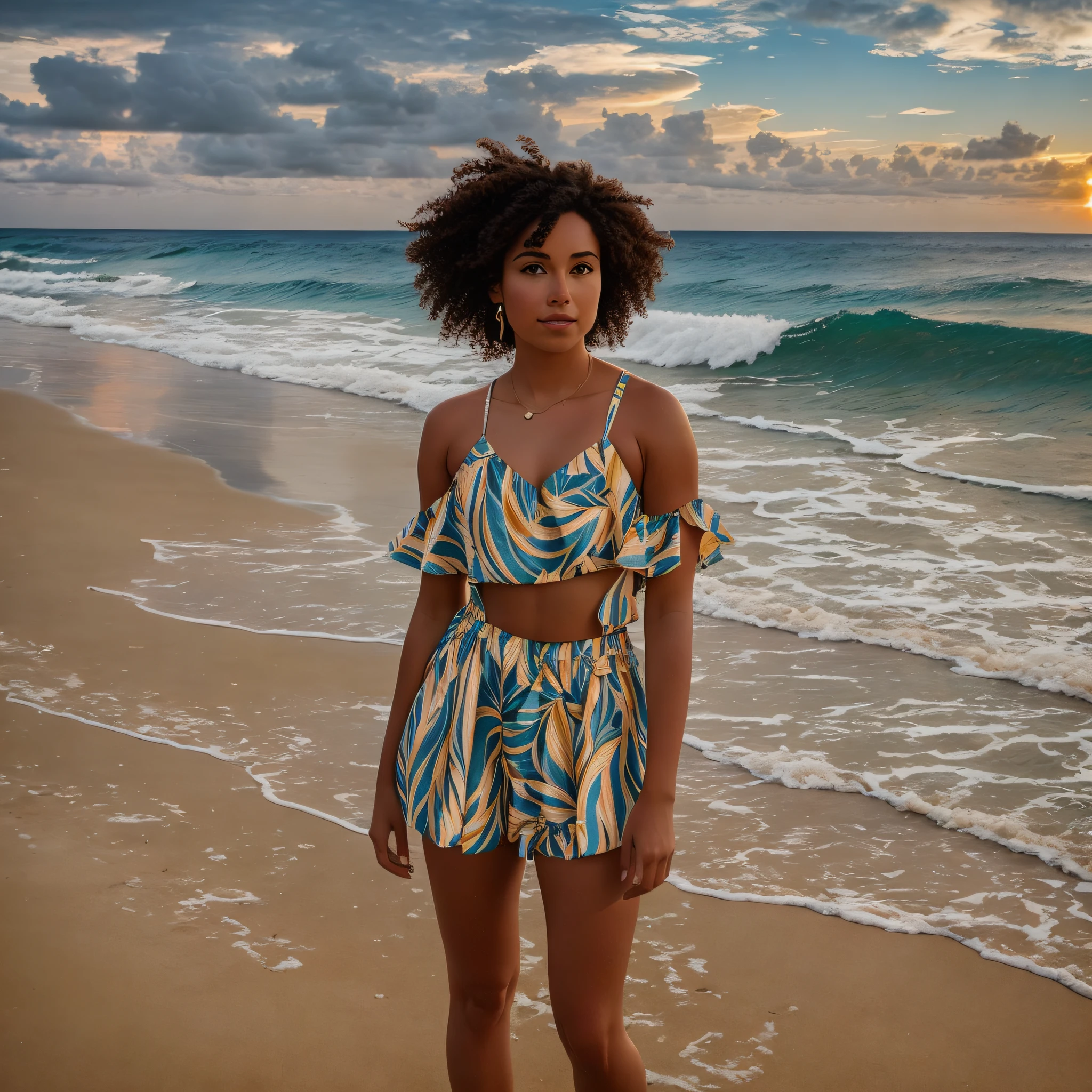 there is a woman standing on the beach with a surfboard, posing on a beach with the ocean, girl looking at the ocean waves, shot at golden hour, rhythm, standing on the beach at sunset, sun coast, standing near the beach, at the beach on a sunset, at beach at sunset, on the beach during sunset, mid shot portrait