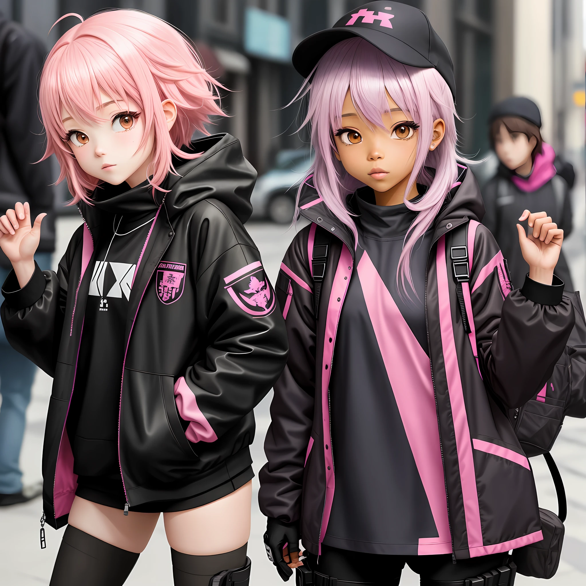 Anime, black girl pink hair, techwear