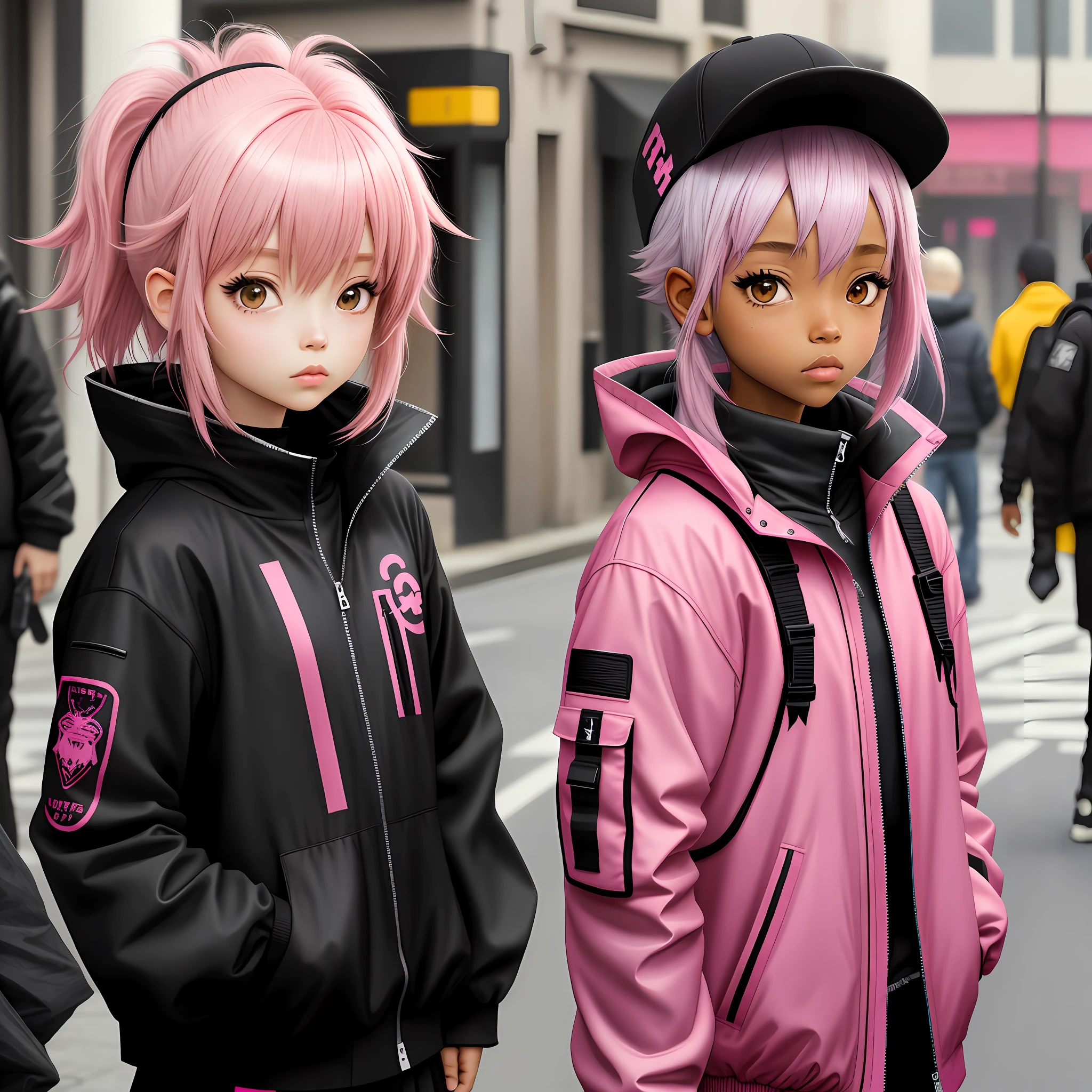 Anime, black girl pink hair, techwear
