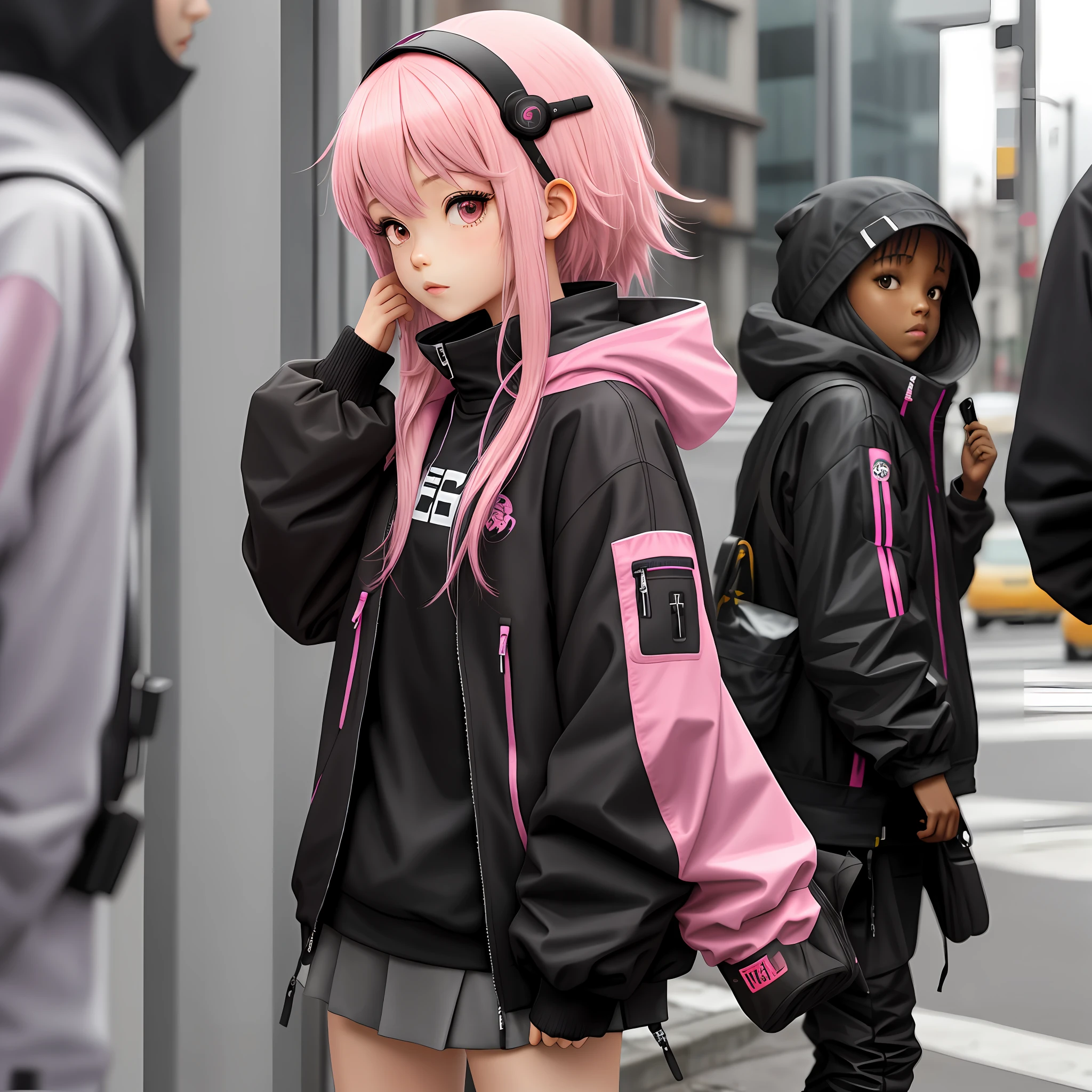 Anime, black girl pink hair, techwear