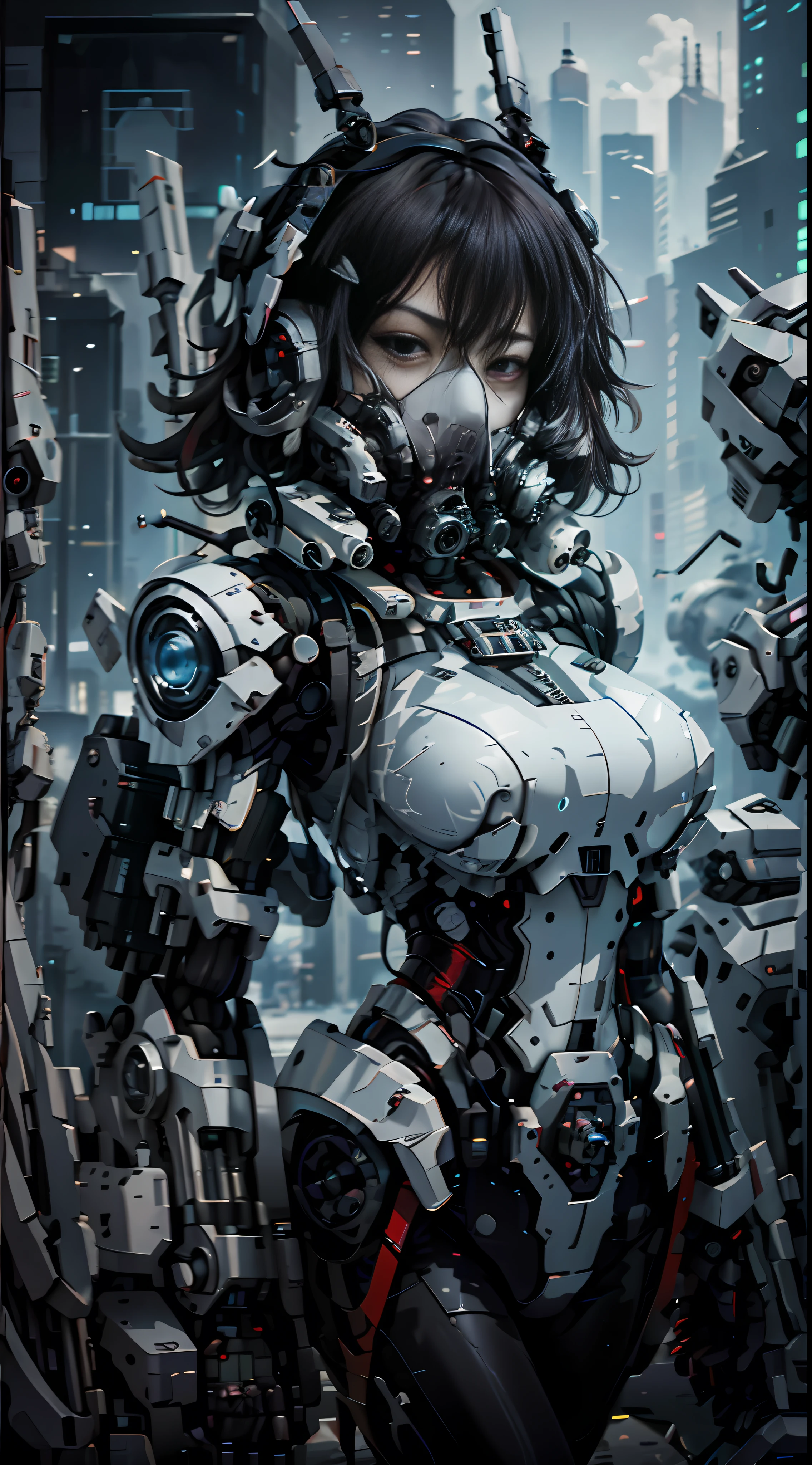 This is a CG Unity 8k wallpaper with ultra-detailed, high-resolution and top quality in cyberpunk style, dominated by black and red. The picture shows a white messy woman with short hair, a delicate face, wearing a steam mecha mask, standing on the ruins, behind a huge robot with a heavy sniper rifle in her hand.