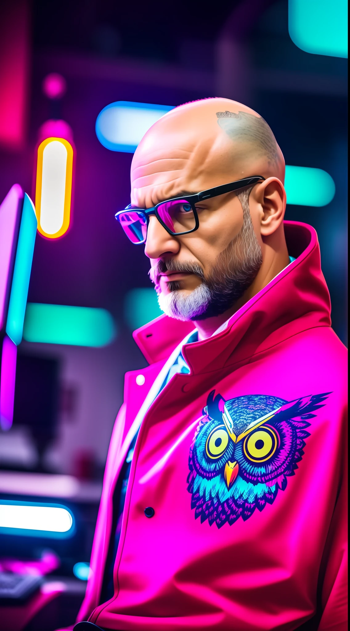 40 year old bald man sitting, computers around, (a huge owl bird on his shoulder), red owl, cyberpunk style, image angle from above, dramatic light, neon blue light with pink, vibrant colors, high quality, high definition, 16k, uhd, severe low lighting, high quality, sharp focus, fujifilm XT3, Fine composition, super detailed, best quality.